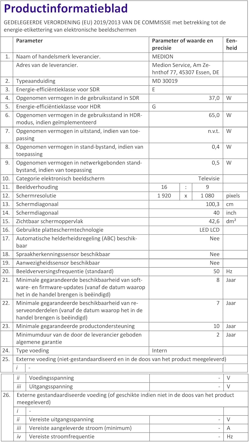 Dutch product data sheet for MEDION MD 30019 TV.