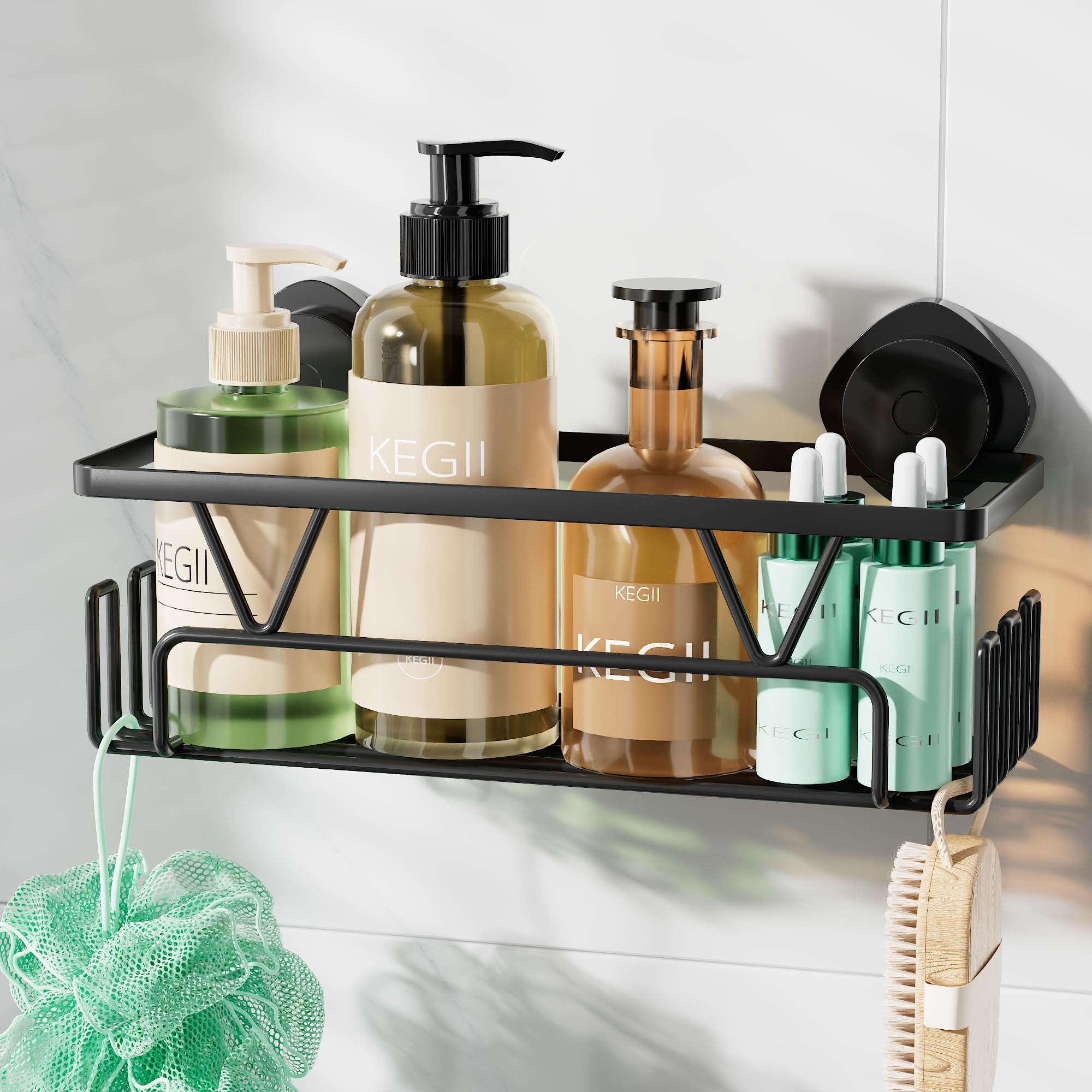KEGII Shower Caddy Suction Cup with Hooks Large Capacity Shower Suction Shelf Heavy Duty Bathroom Organizer No Drilling
