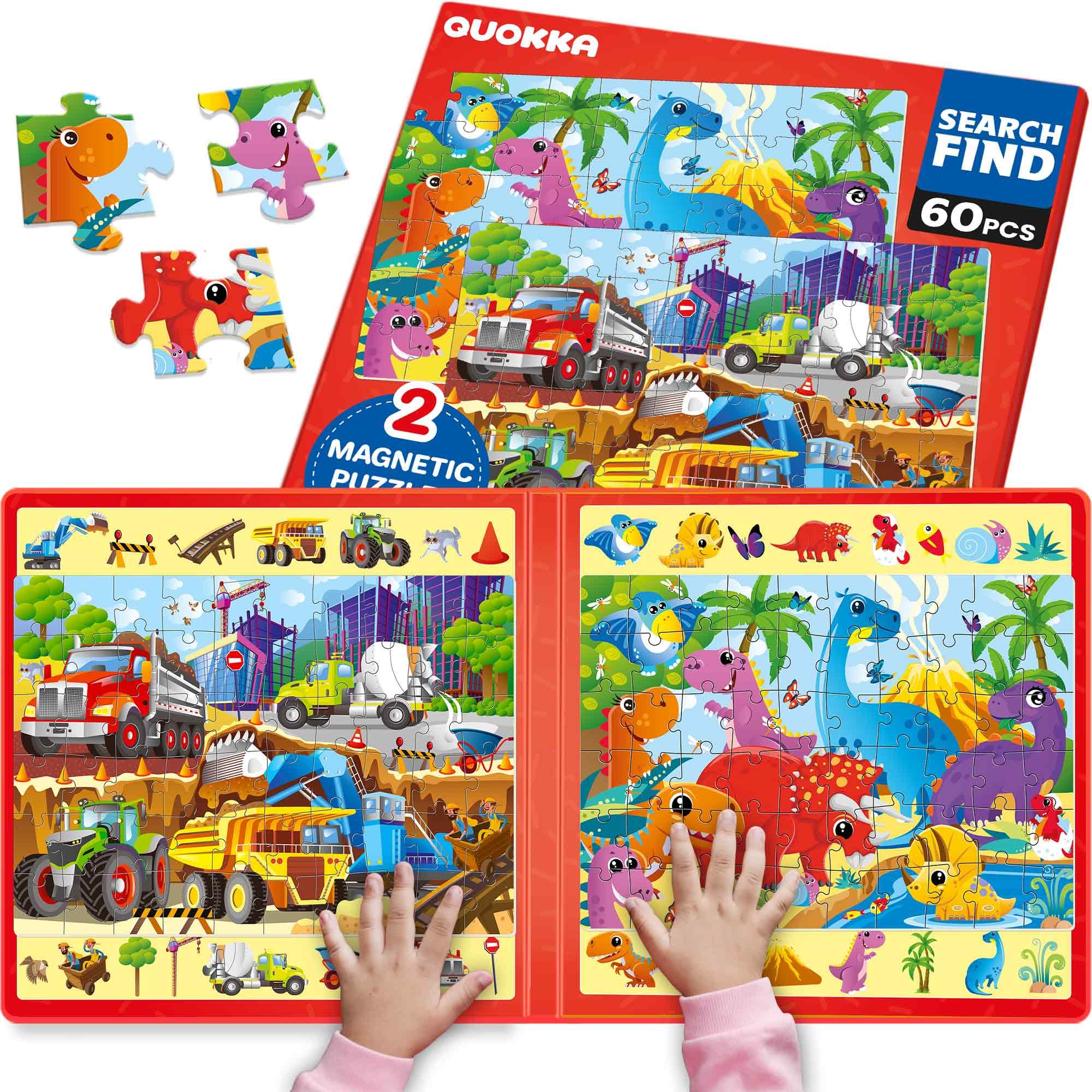 Magnetic Puzzles For 3 4 5 Year Olds - Search & Find 2 Pack 60 Pieces Each - Travel Toy Activities For Kids With Hidden Objects, Construction and Dinosaur Scenes - Educational Jigsaws For 6 7 yo