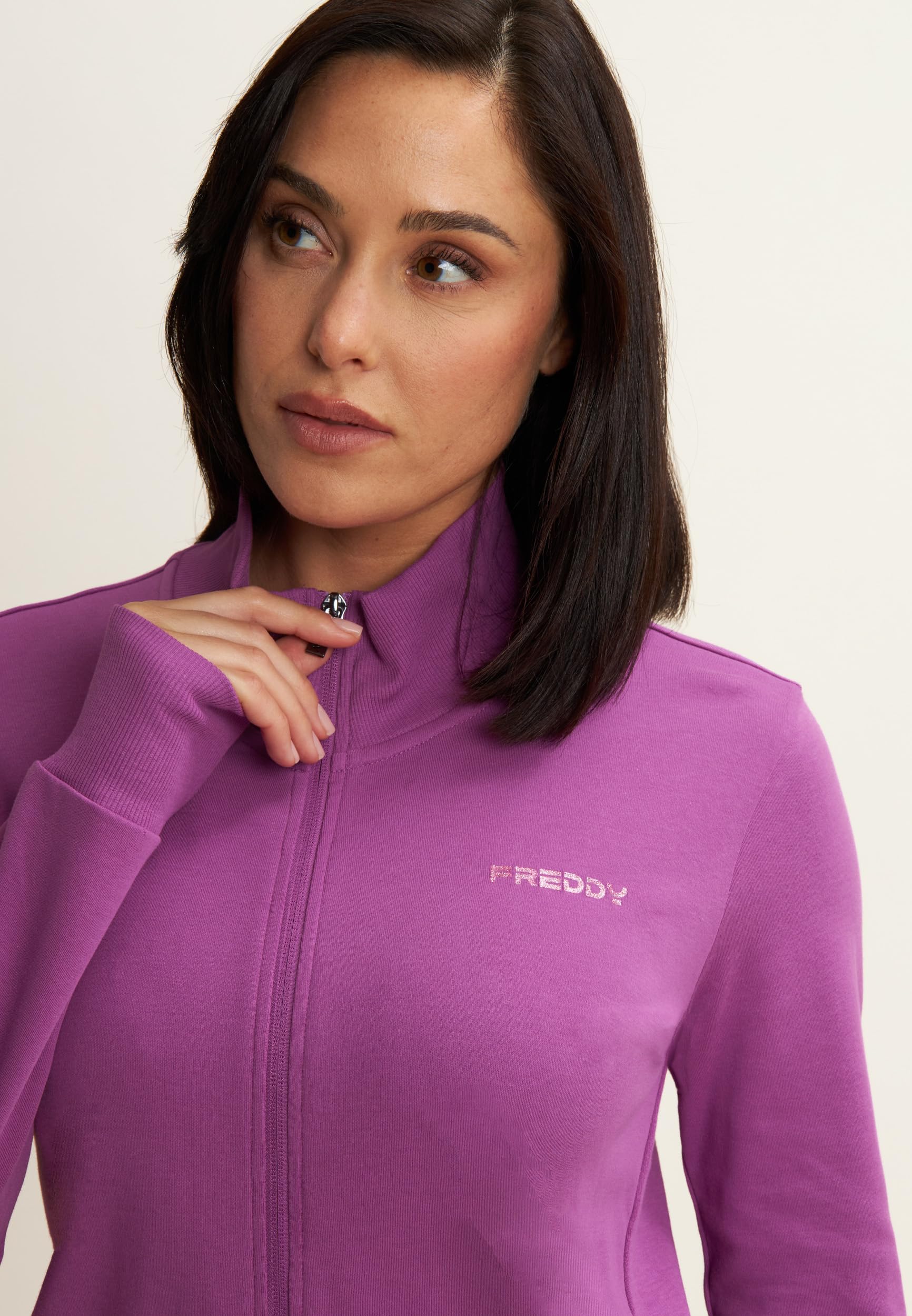 FREDDY Tuta Donna Zip e Collo Alto in Tessuto Interlock di Cotone Logo Glitter