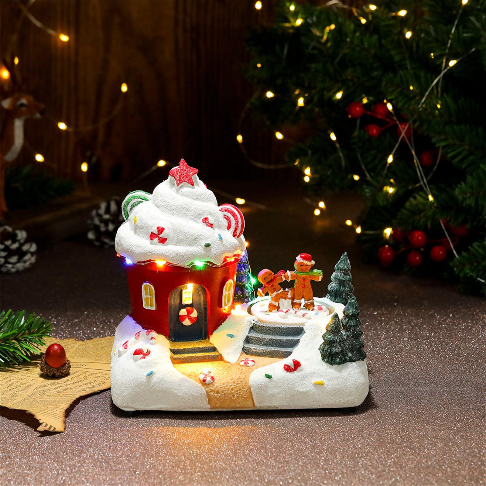 PANGBOER Decorazione musicale natalizia in resina a forma di casa del villaggio con luce a LED e statuette rotanti per feste di festa, decorazione da scrivania, decorazioni per le vacanze