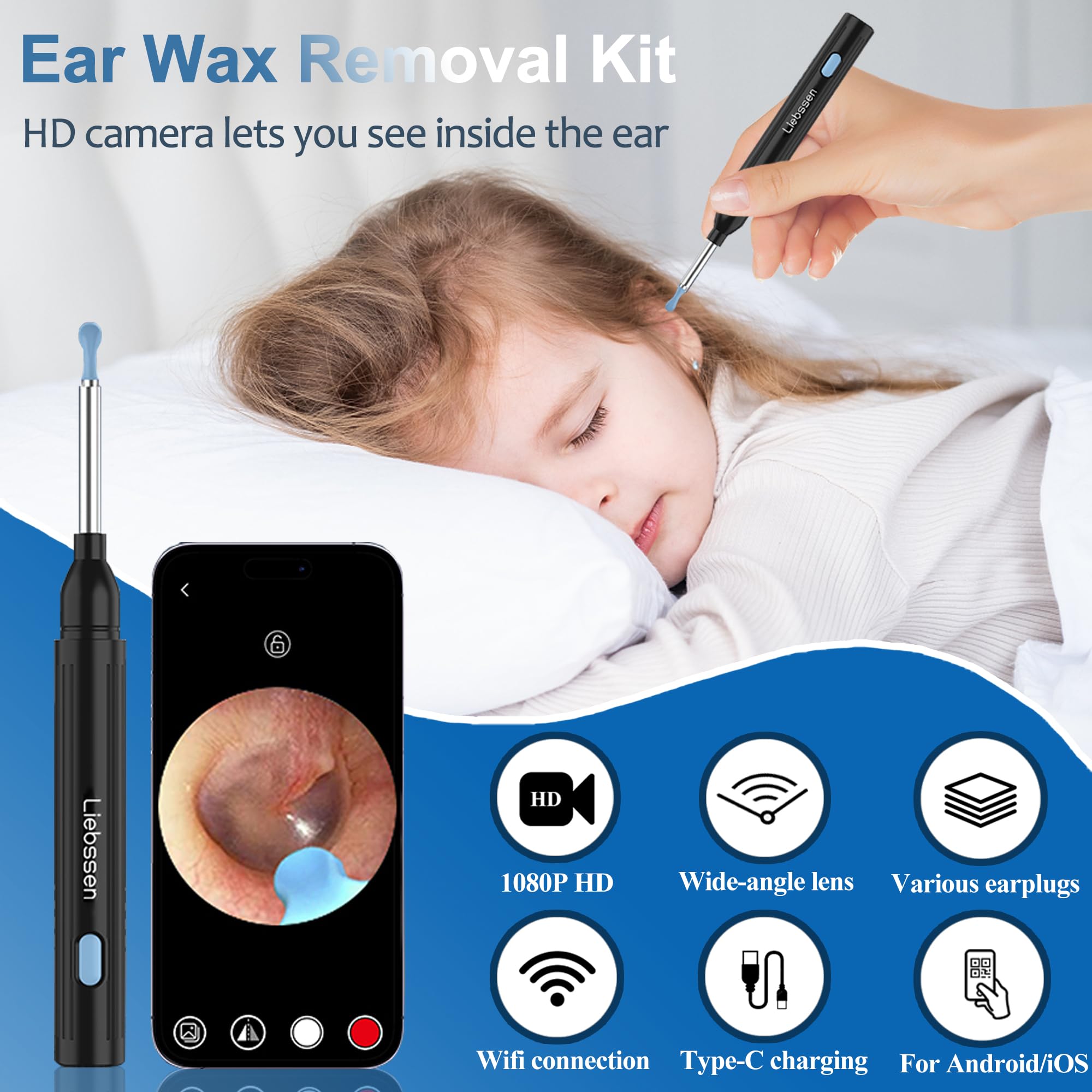 Liebssen Ear Wax Removal Ear Wax Cleaner with Camera Earwax Removal Tool Earwax Cleaning kit 1080P HD Otoscope Ear Camera with 10 Ear Scoops Endoscope Ear Pick for iOS and Android Black