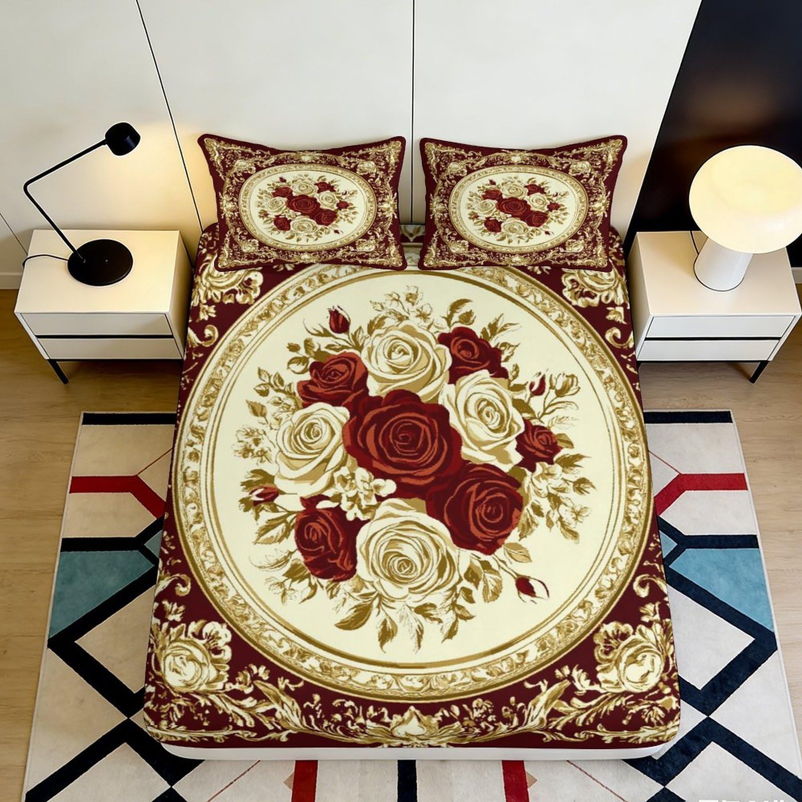3D Printed Vintage Floral Fitted Sheet Microfiber Anti-Slip Mattress Cover Red Rose Pattern Bed Decor for Home Guestroom 90x200x25cm
