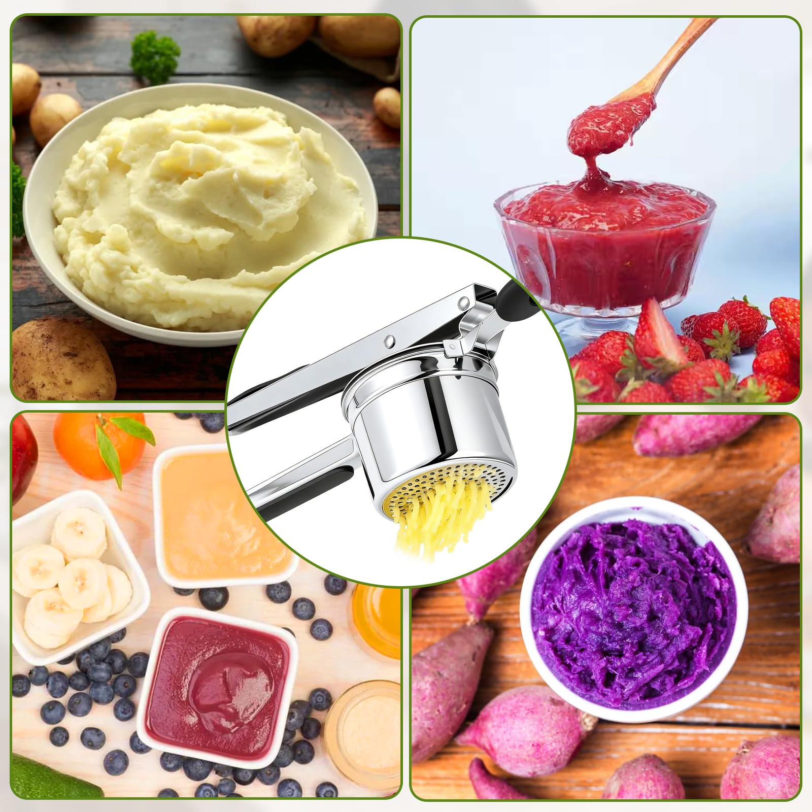 Exprimidor de Patatas Acero Inoxidable + 3 Discos y Mangos de Antideslizantes para Puré de Verduras Zumos de Frutas