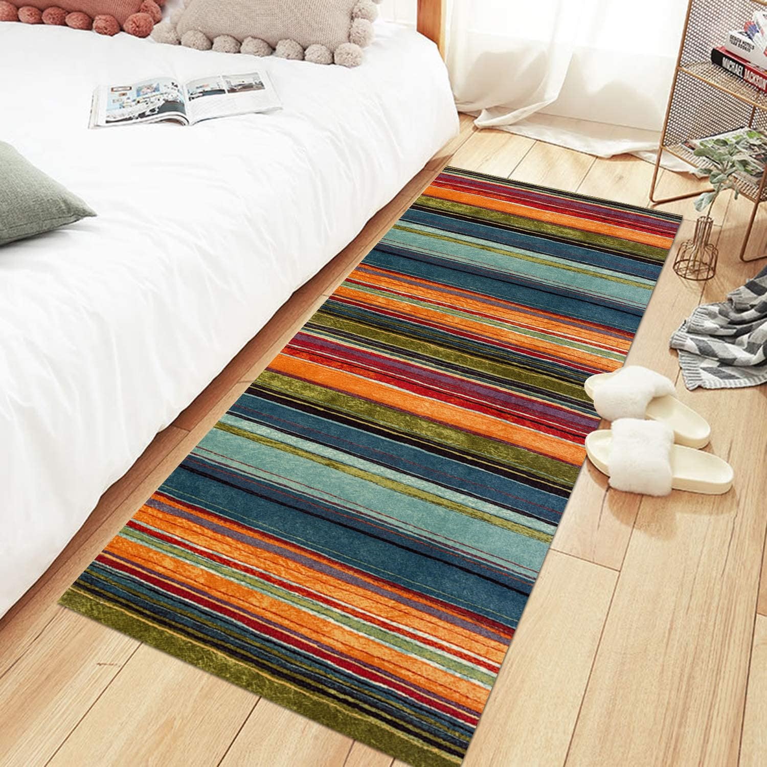 Alfombra de pasillo 90 x 200 cm, color naranja, azul y rojo, antideslizante, lavable, por metros, alfombra de cocina, lavable, para pasillo, salón, cocina, dormitorio, salón, pasillo