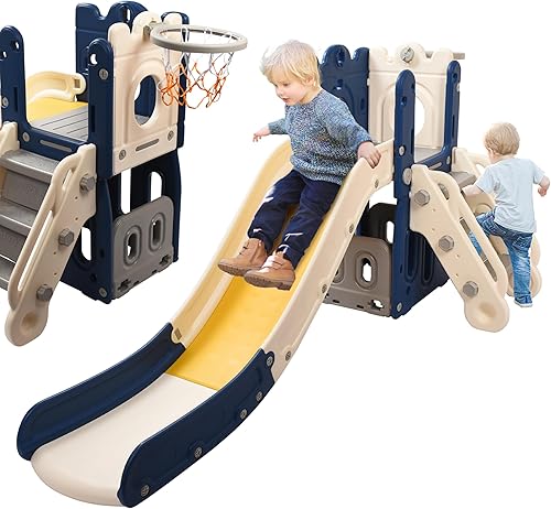 Childlike Behavior Casa de juegos con tobogán y escalera en L, juego de aro de baloncesto para interiores o exteriores, para niños pequeños,