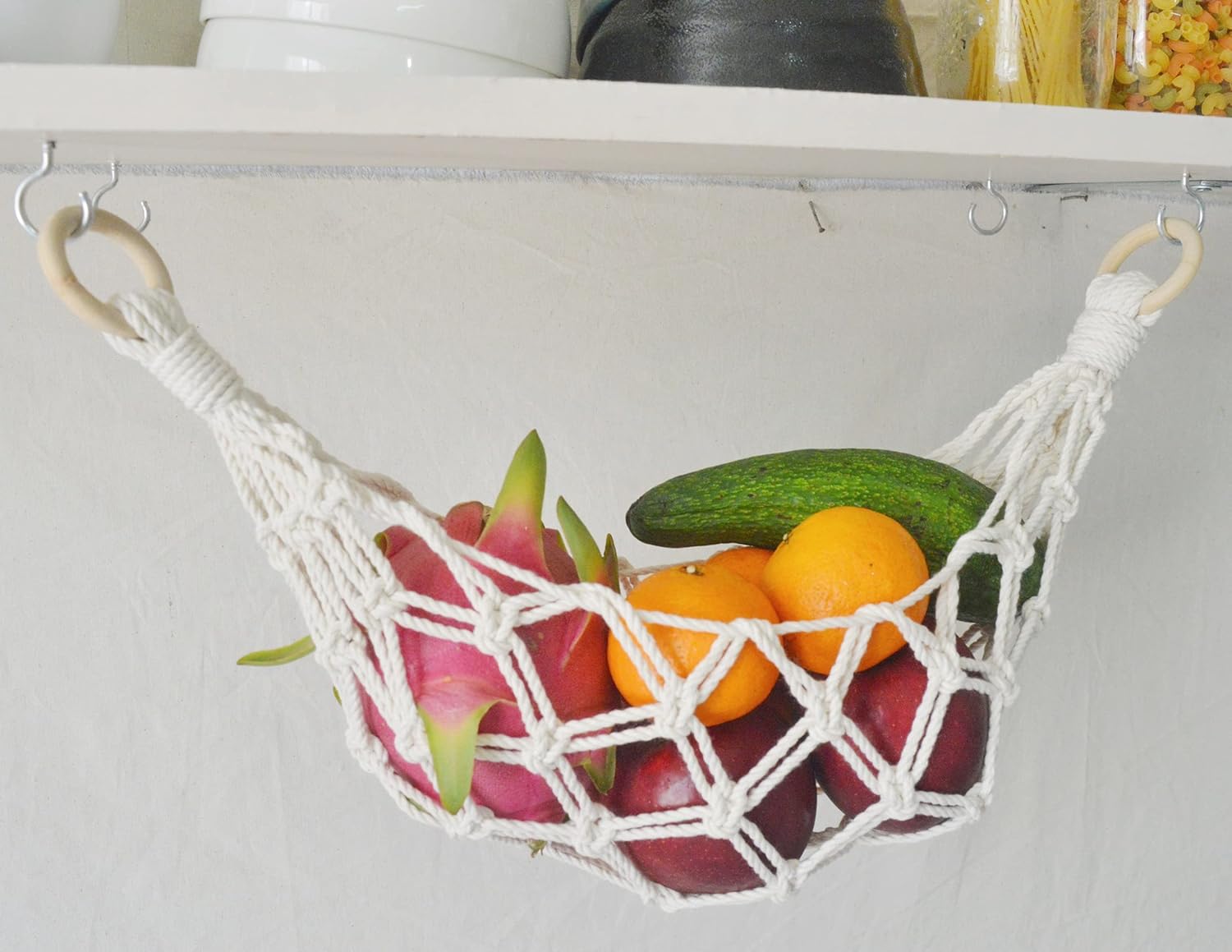 2 Sets of Macrame Hanging Fruit Hammock, Hanging Fruit Basket Under the Kitchen Cabinet with Hooks (All Handwoven) for Banana, Produce, Vegetables or Fruit Storage (Ivory) 1 813uvqVENiL. AC SL1500