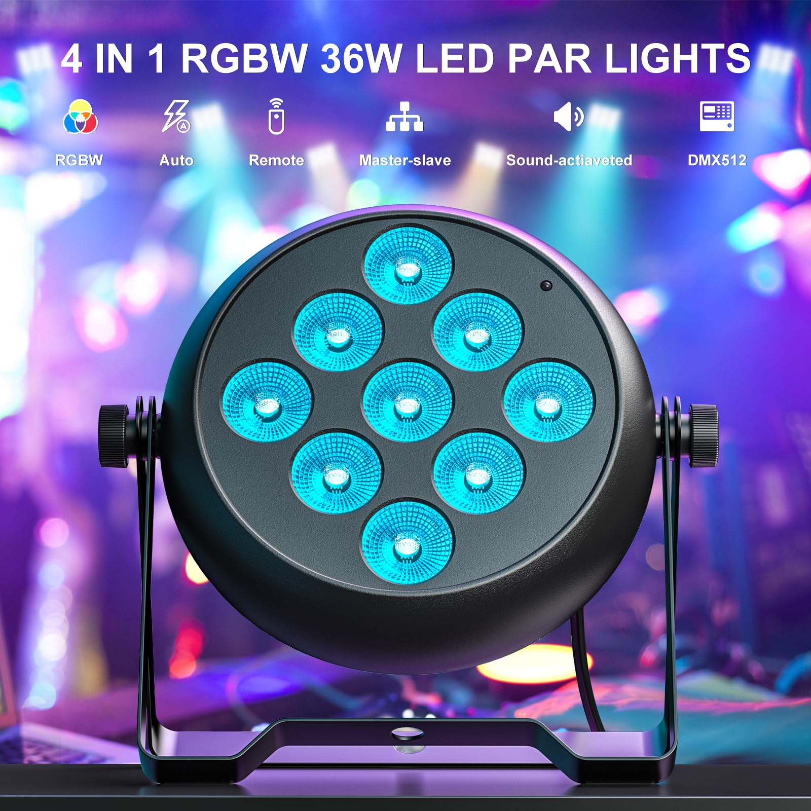 RGBW Foco Par LED con Par Bolsa, 9 LED Luz de Escenario DMX 5/8CH con Control Remoto y 4 Modos de Control, Luces Discoteca para DJ, Fiesta, Bar, Boda, Halloween, Navidad