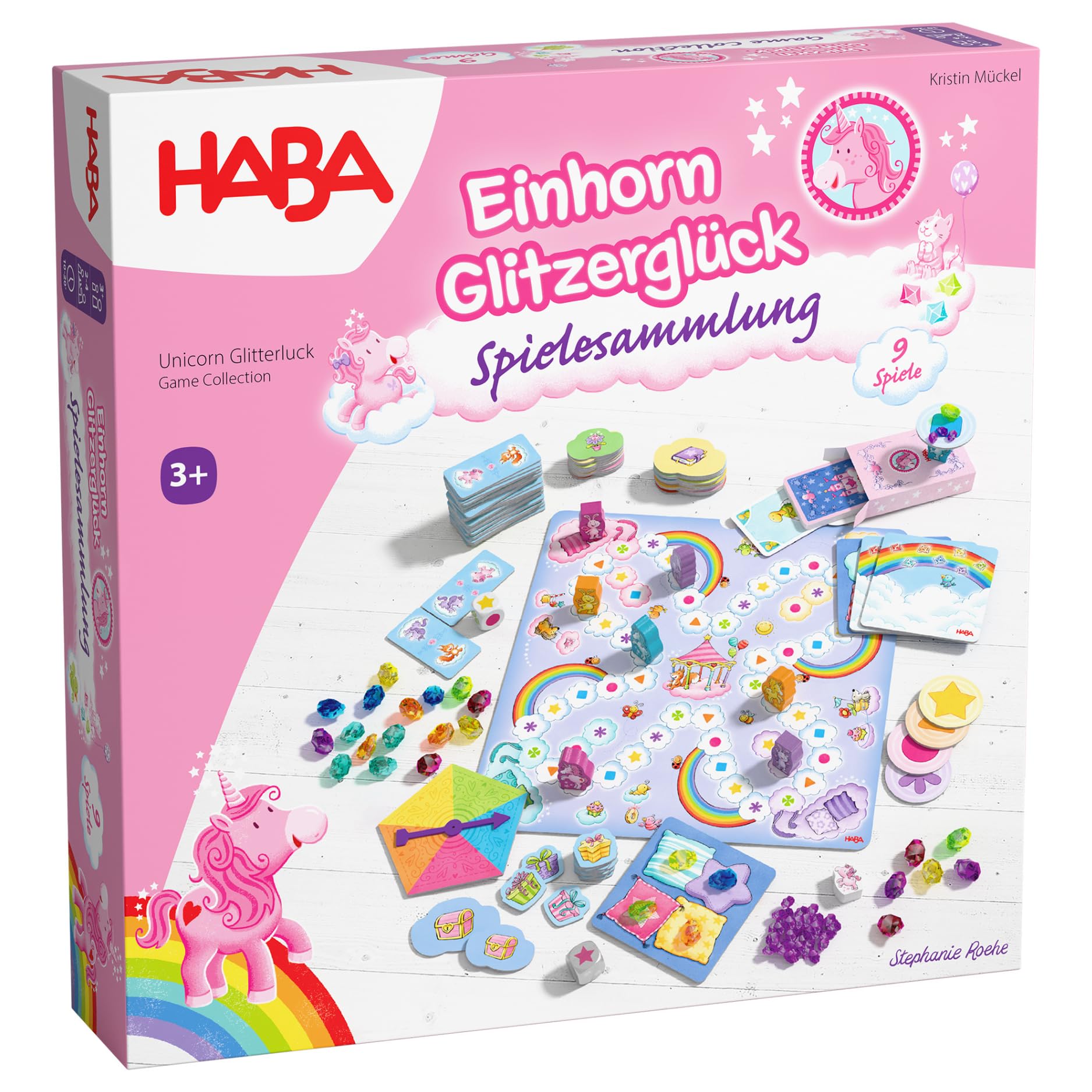 HABA Unicorno Glitter Felice – Collezione di Giochi dai 3 Anni in su, con 9 Diversi Giochi di Dadi, Carte e da Tavolo per 2-4 Bambini, spiegati Semplicemente – 2012231001