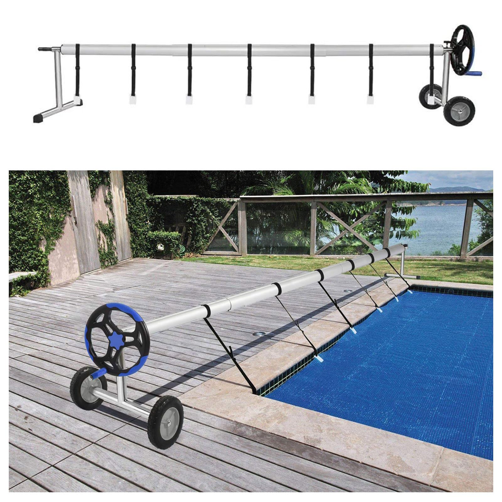 Enrollador de Piscina Telescópico Enrollador de Cubierta de Piscina Móvil con Ruedas Sistema de Enrollado para Lona Láminas Solares Incluye Cintas de Fijación Aluminio Acero Inoxidable