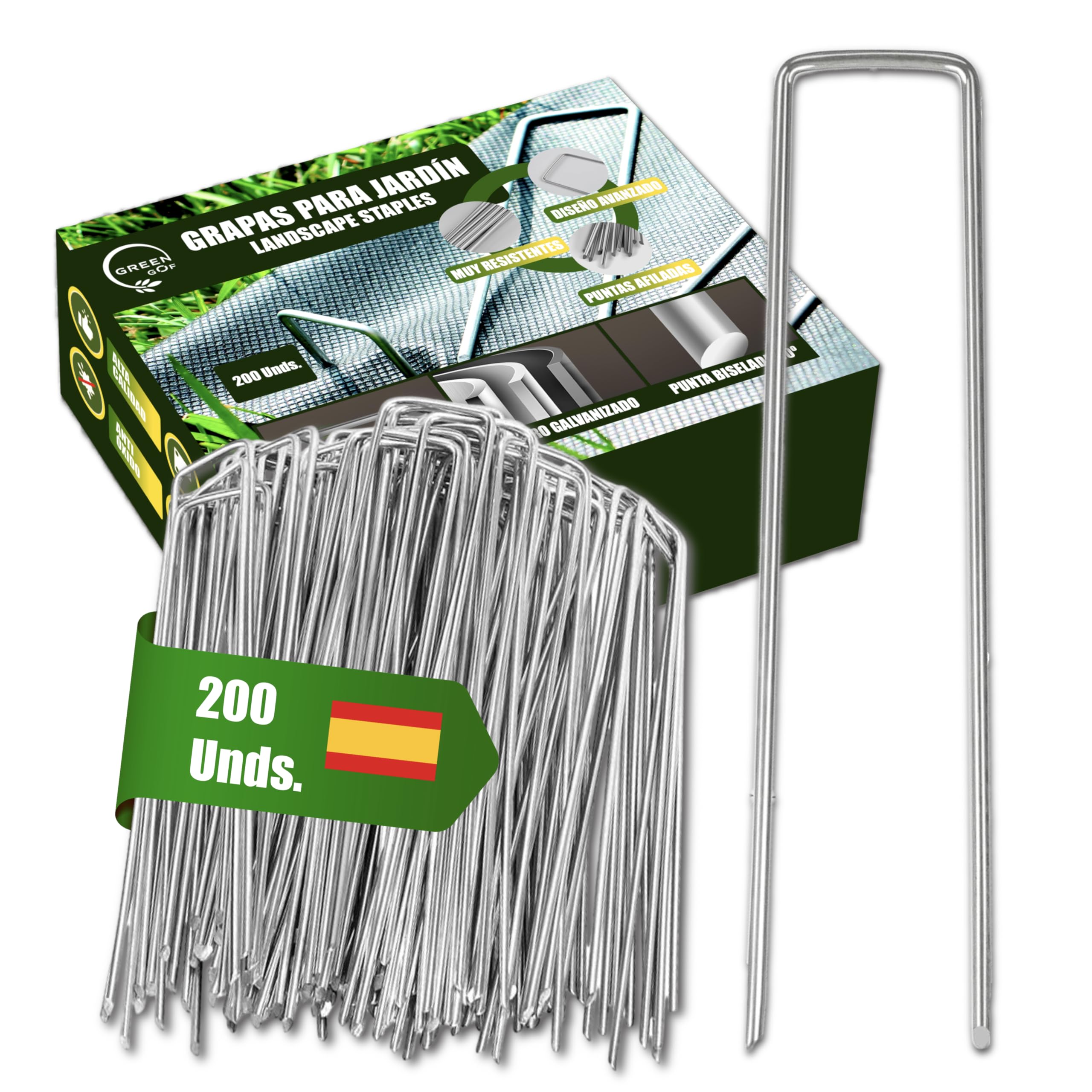 GREENGOF Grapas para Malla Antihierba, Cesped Artificial y Jardin, 200Unds - Acero Galvanizado, 15x4cm, Ø3mm - Ultra Resistentes y Anticorrosivas - Piquetas de Jardín, Anclaje al Suelo.