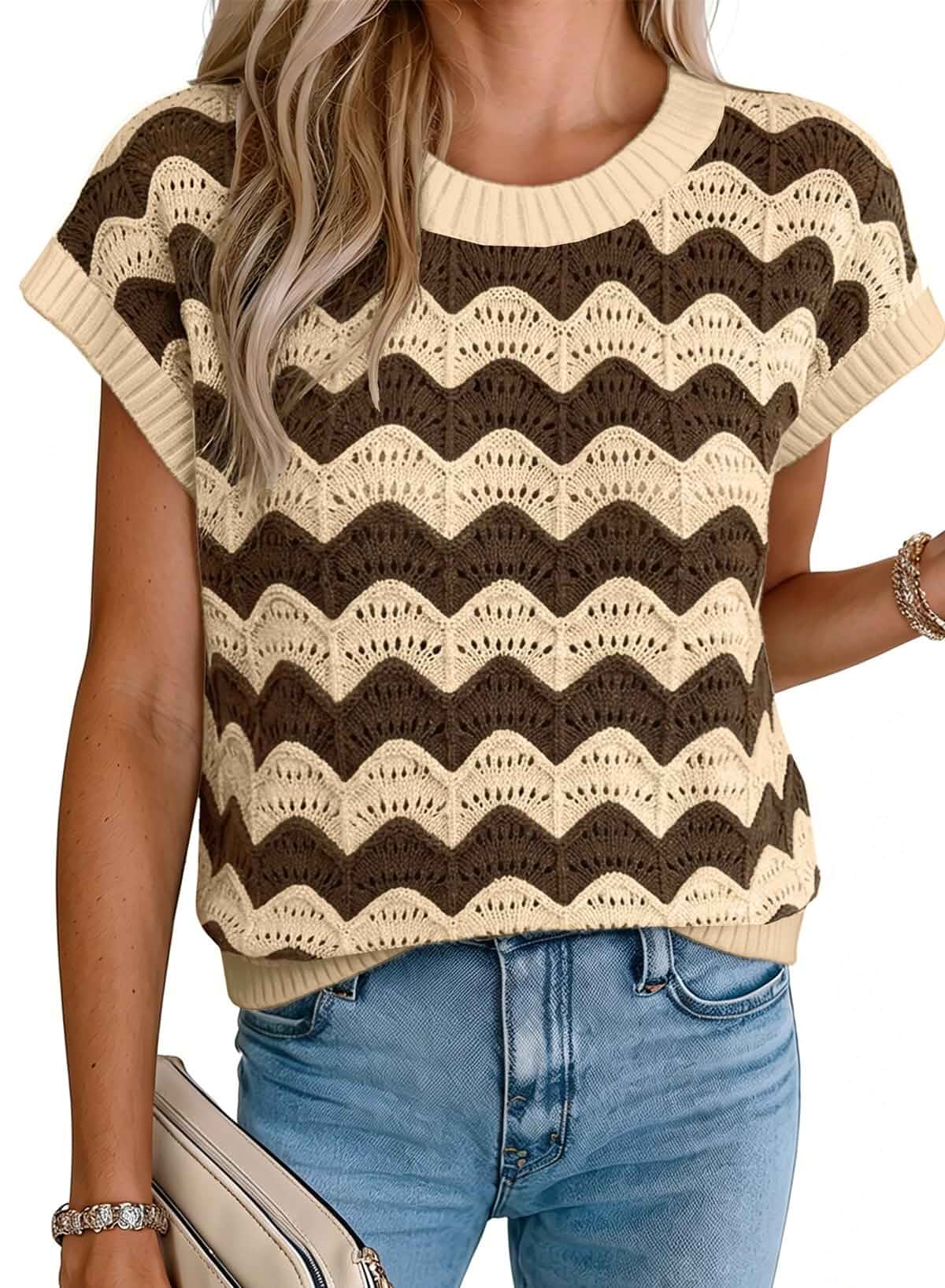 EVALESS Women's Striped Cap Sleeve Sweater Vest Round Neck Tank Top Dressy Sleeveless Pullovers for Womens, Lightweight Breathable Vests for Ladies, Business Casual Outfits 2026 Summer