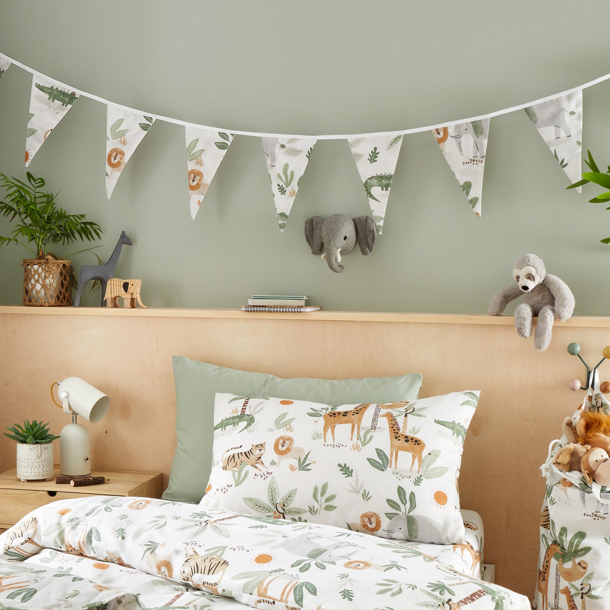 Happy Linen Company Girls Boys Kids Jungle Safari Animals Ivory 3.1 Metre Double Sided Bedroom Bunting Banner Triangle Flags