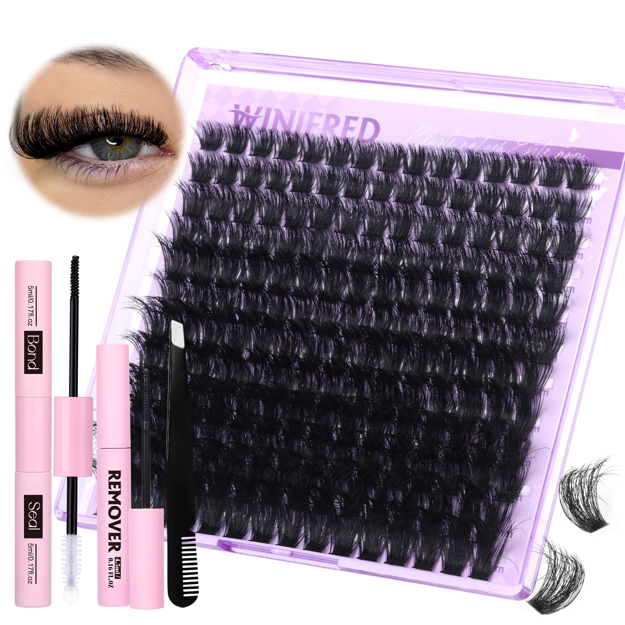 Winifred Lashes Extension Kit Thick Lash Clusters Kit 100D Volume Wispy Lash Clusters Mink Individual Lashes Kit DIY Lash Bond and Seal Lash Remover Lash Tweezers