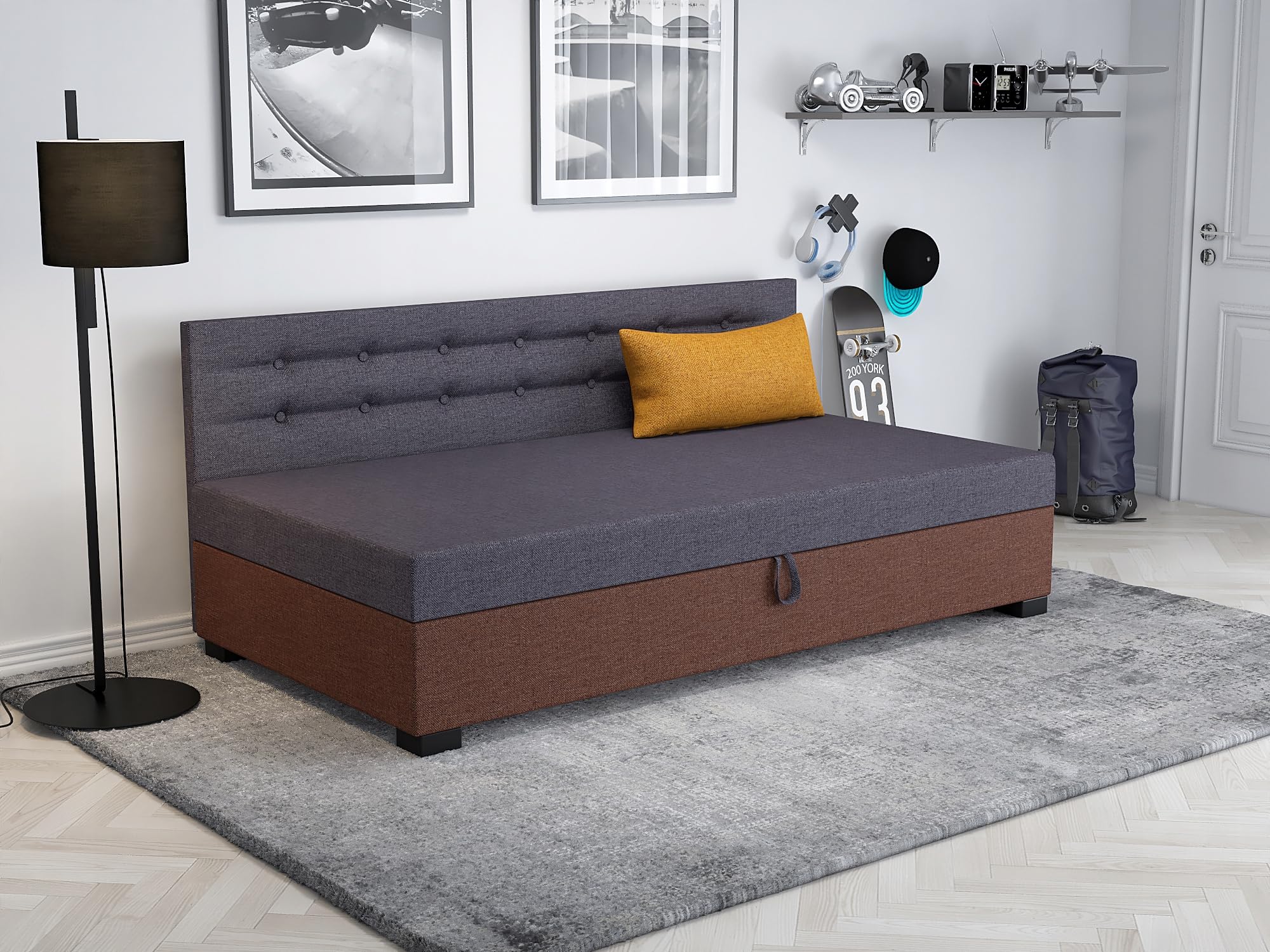 Boxspringbett Olaf mit Seite 93x195x42 cm mit Taschenfederkern Matratze, Bett mit Matratze, Polsterbett mit Bettkasten, Gepolstertes Einzel Bett, Schlafsofa - Stahlgrau mit braunen