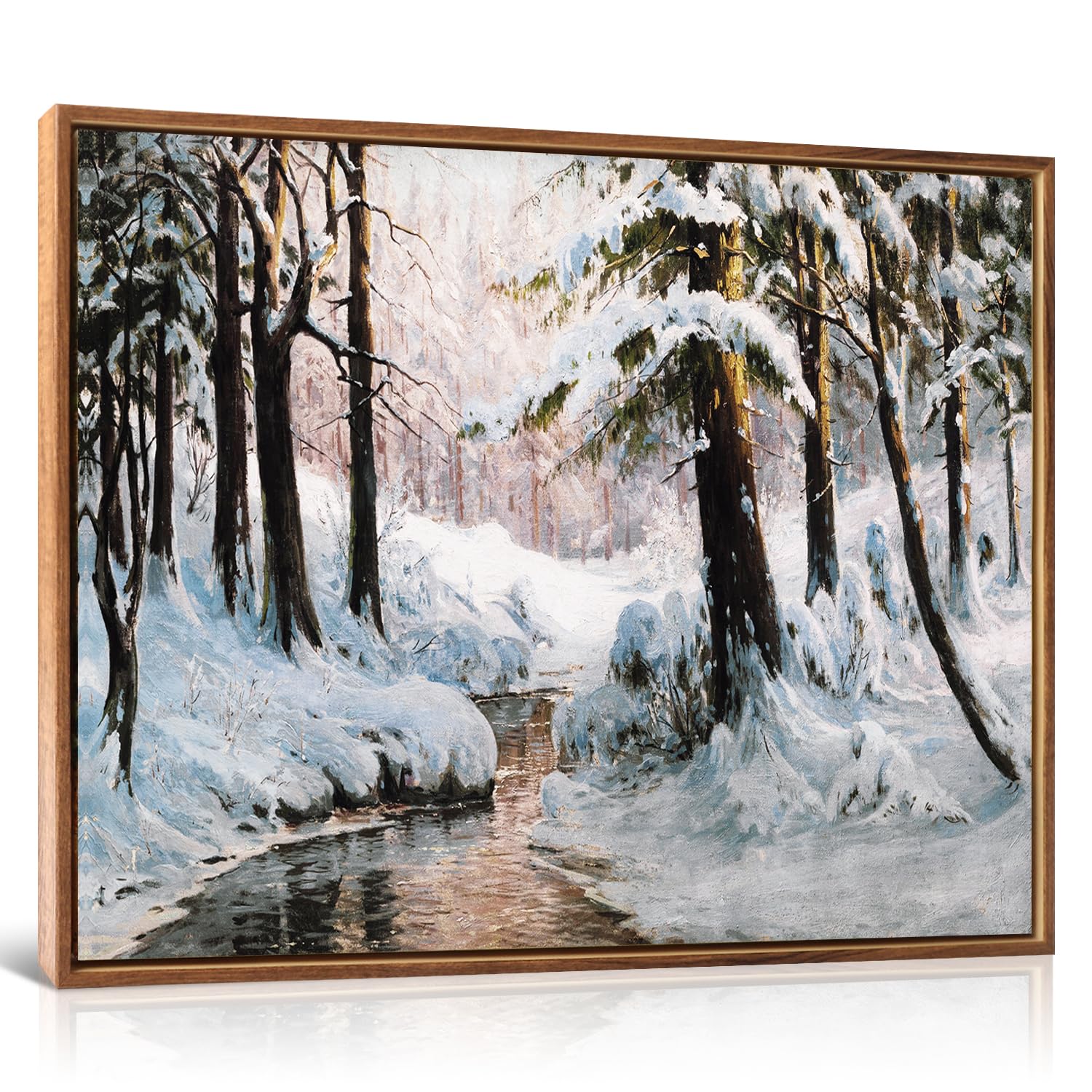 HLNIUCNature Country Wall Art Stream Wooden Wall Decor(12”X16”)Melt Snow Tree Canvas Print Vintage Framed Wall Art Christmas Wall Art Gift Countryside Oil Painting for Living Room Bedroom(Large Size)