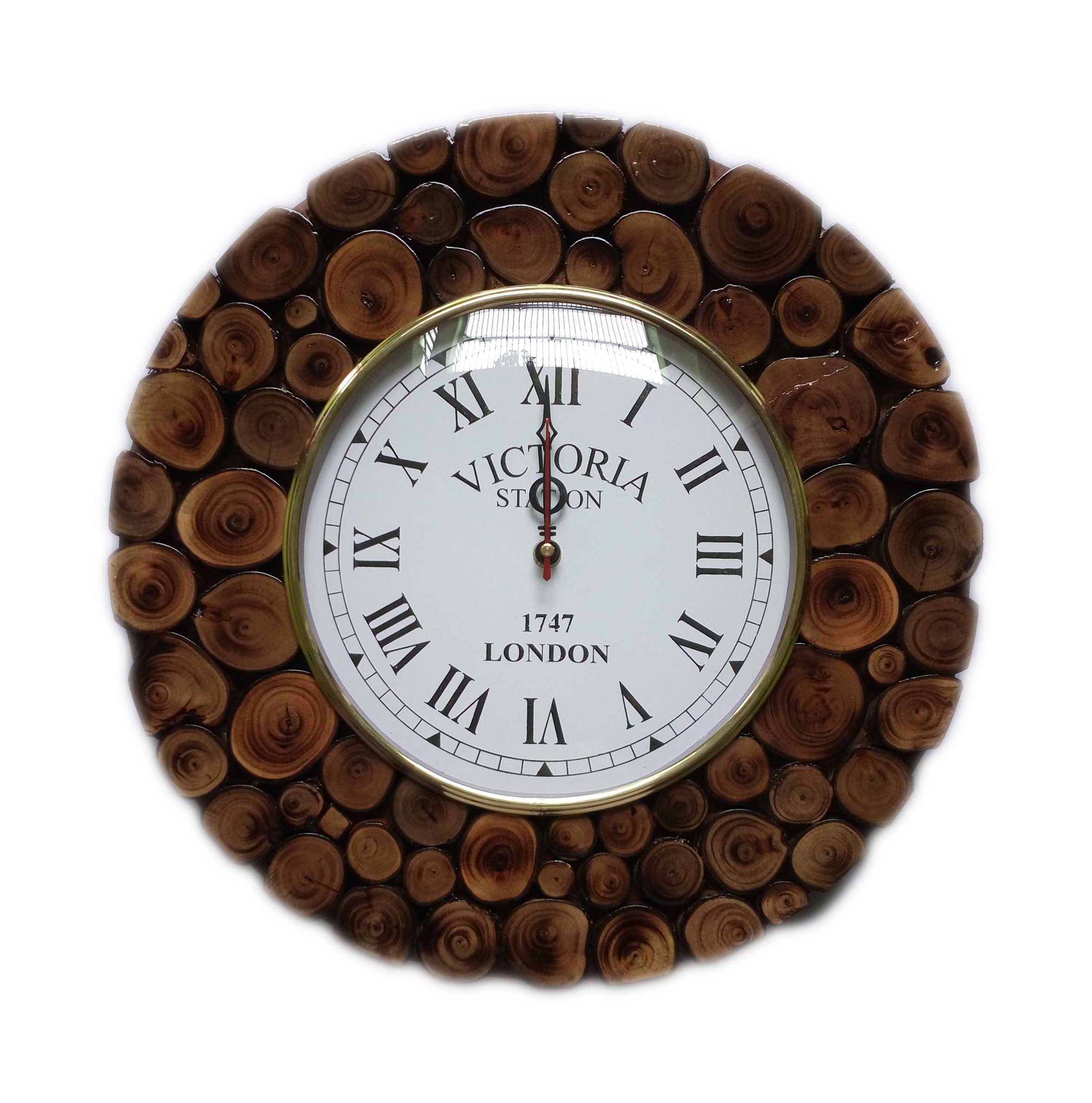 Horloge murale bûche bois de teck déco salon et chalet