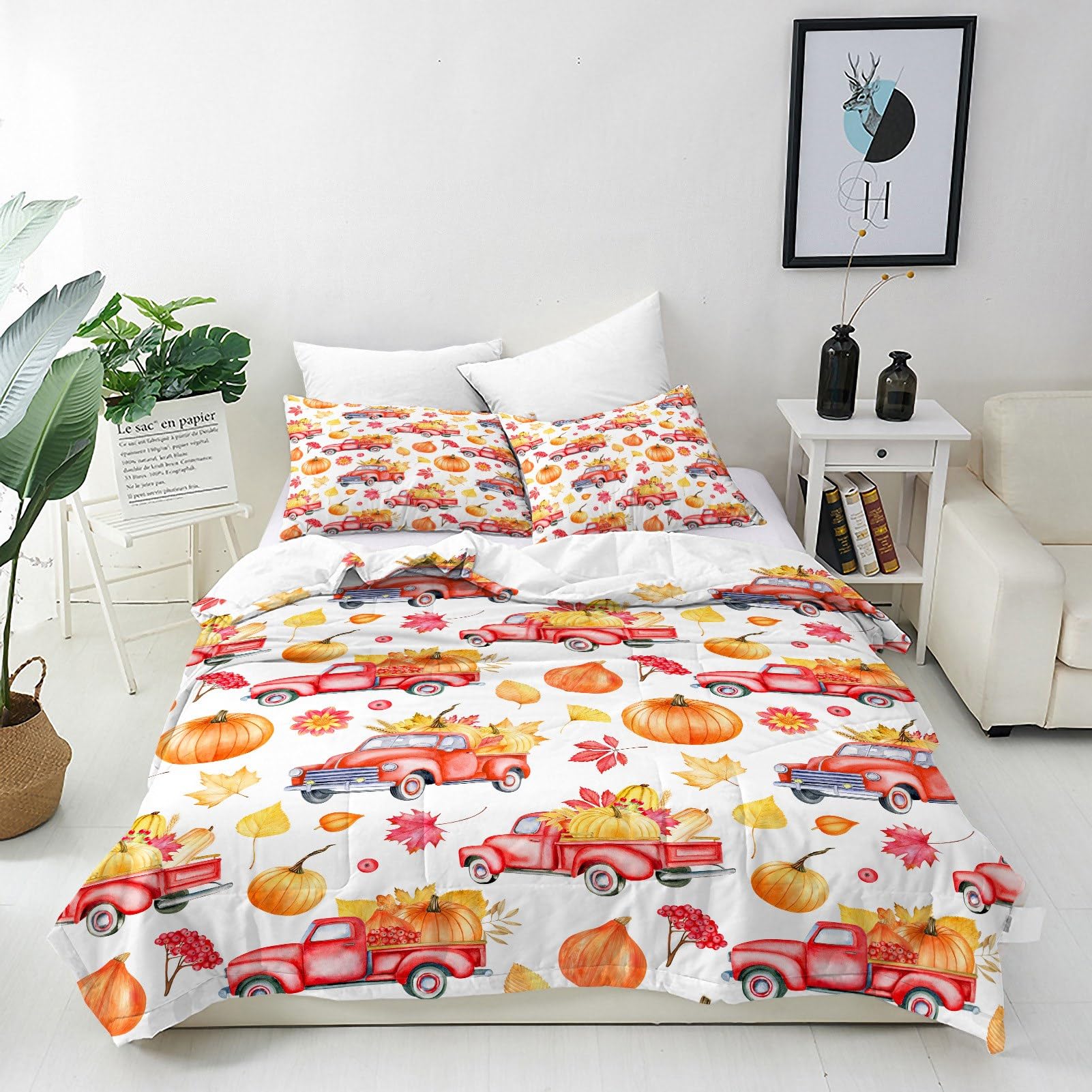 ANHOPE Personalised Bedding Set Custom Size Duvet Cover & Pillowcase Fall Red Truck Pumpkin Leaf 3D Printed Pattern Customized Quilt Cover for Couple Family Wedding Birthday