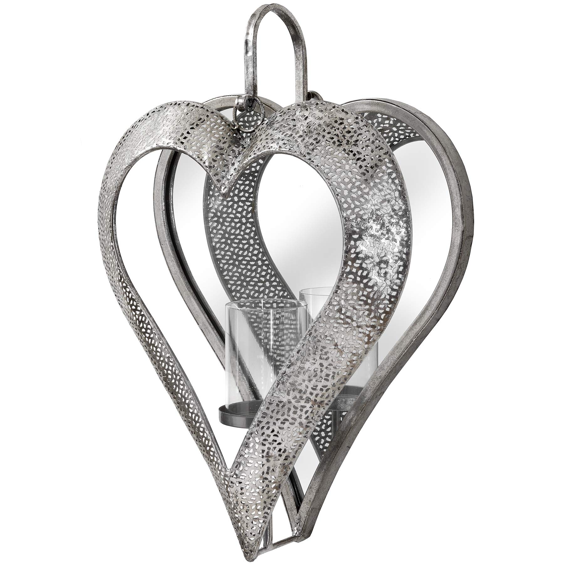 IHL Large 48cm Heart Antique Silver Mirrored Wall Sconce Candle Tealight Holder