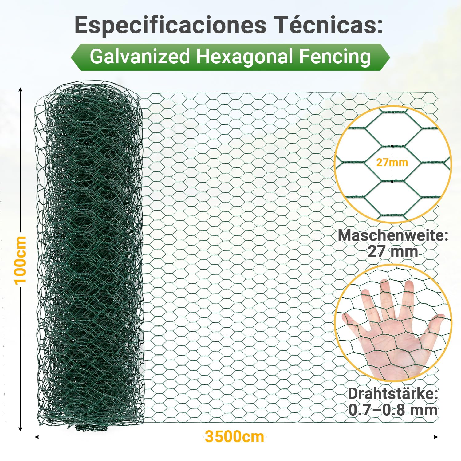 Daromigo Valla de malla hexagonal galvanizada de 27 mm – Alambre para conejos, valla para pollos para jardín y animales, incluye guantes, resistente, malla fina, longitud 35 m, altura 100 cm, color