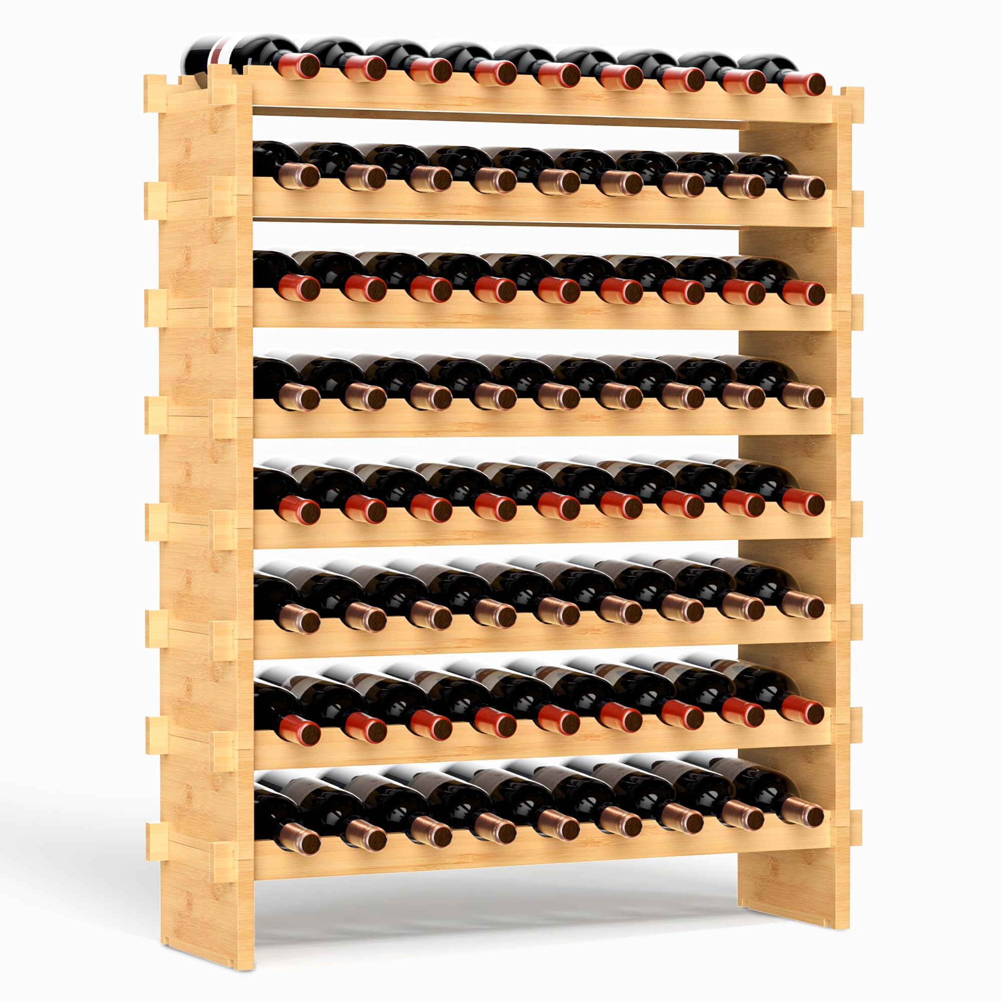 VASMIA Botellero de Bambú Apilable, Independiente para 72 Botellas, sin Montaje, 8 Niveles, para Cocina, Bar, Comedor, Sótano, Natural
