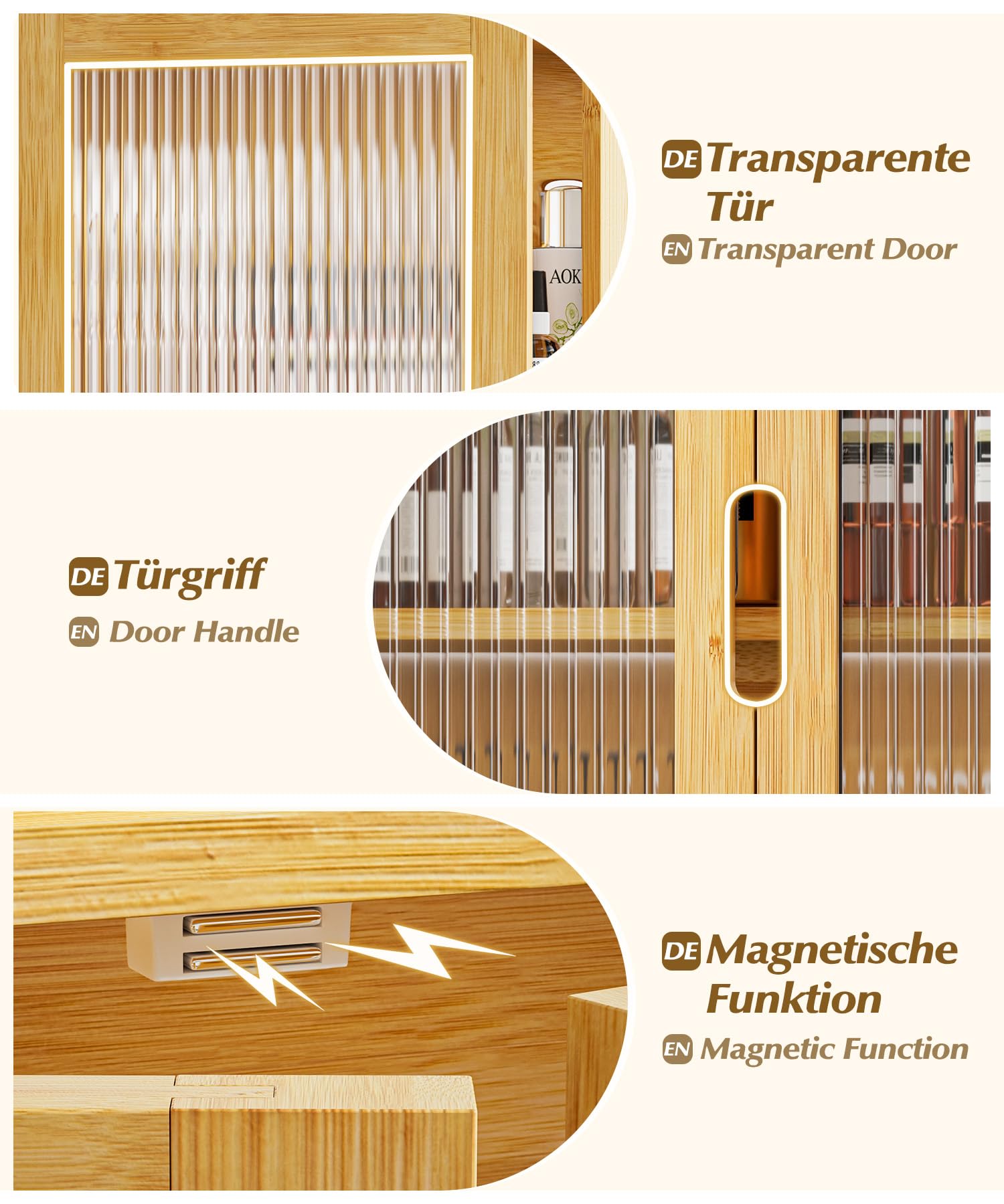 Yorbay Badezimmerschrank Hängend mit 2 Transparente Magnettür und Offenem Fach, Bambus Medizinschrank für Bad, Platzsparendes Wandschrank Küchenschrank, 22 x 59 x 66 cm (Bambusfarbe)