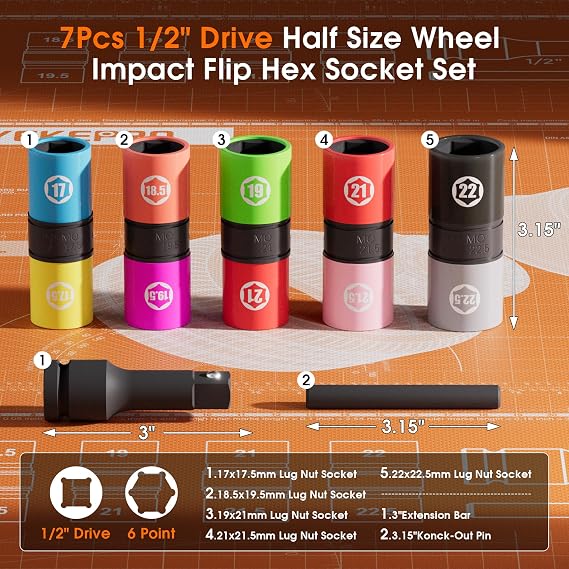 7PCS Half Size Lug Nut Flip Socket Set, 1/2 Drive Impact Sockets
