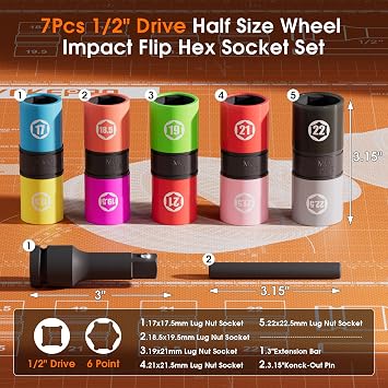 7PCS Half Size Lug Nut Flip Socket Set, 1/2 Drive Impact Sockets
