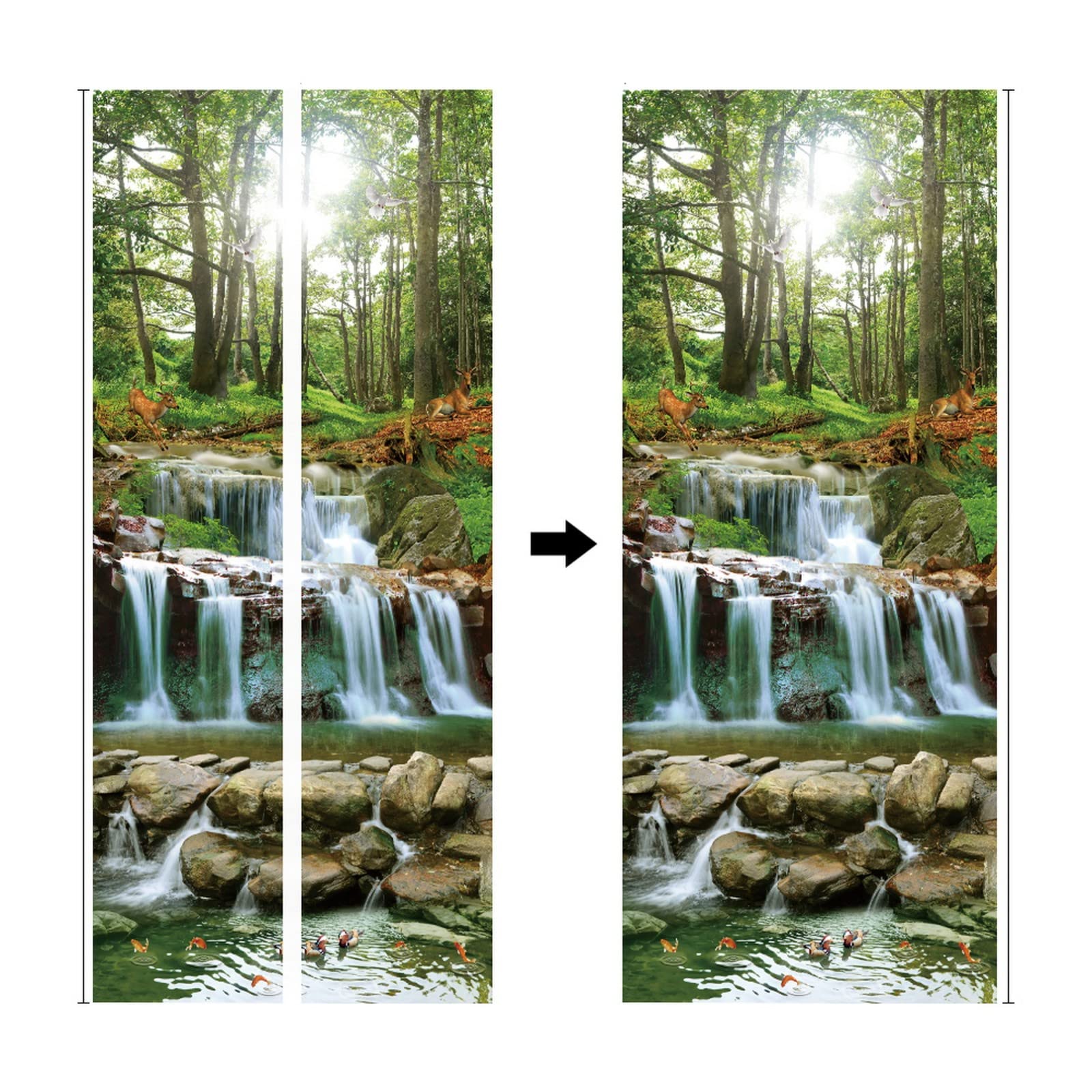 A.Monamour Pegatinas de Puerta Autoadhesivo 3D Cascada Cascada En El Bosque Con La Luz Del Sol A Través De Los Árboles Paisajes Naturales Vinilo para Puertas Mural PVC Pared Foto Poster 95 x 215 cm