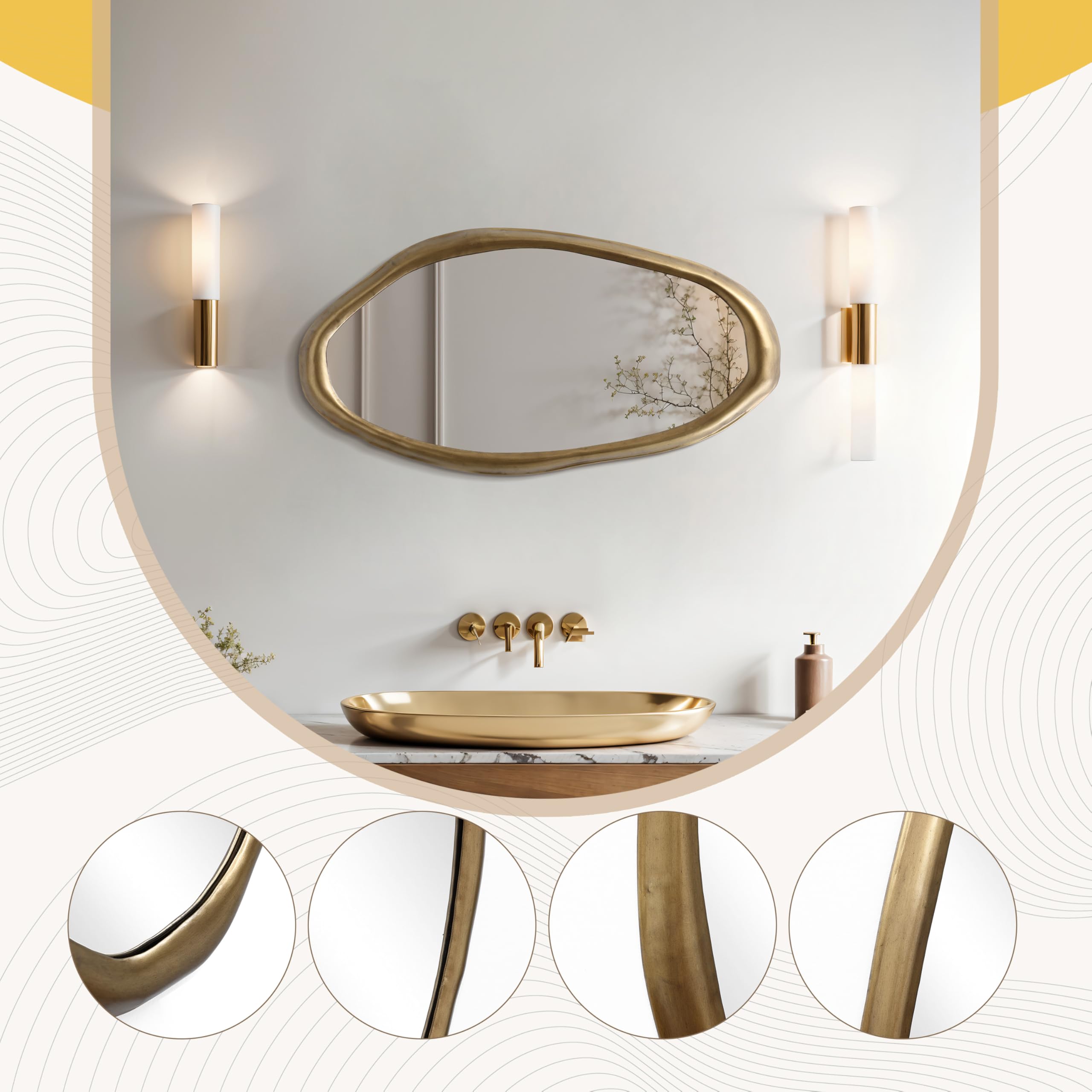 Hometopia Spiegel Asymmetrisch Gold 75x40 cm Dekorative Wandspiegel | Modern HD Spiegelglas Badspiegel mit Metallrahmen, Unregelmäßiger Spiegel für Flur Bad Badezimmer Schlafzimmer Wohnzimmer