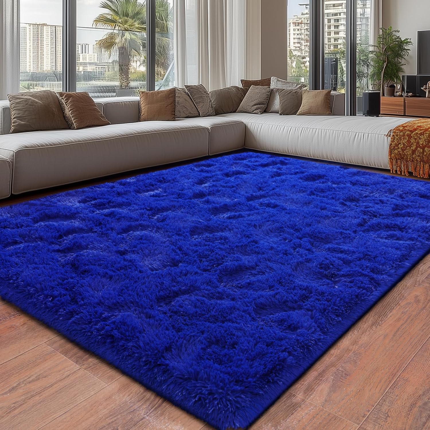 Blue fluffy area rug, 5x7 ft, plush shaggy carpet for bedroom and living room