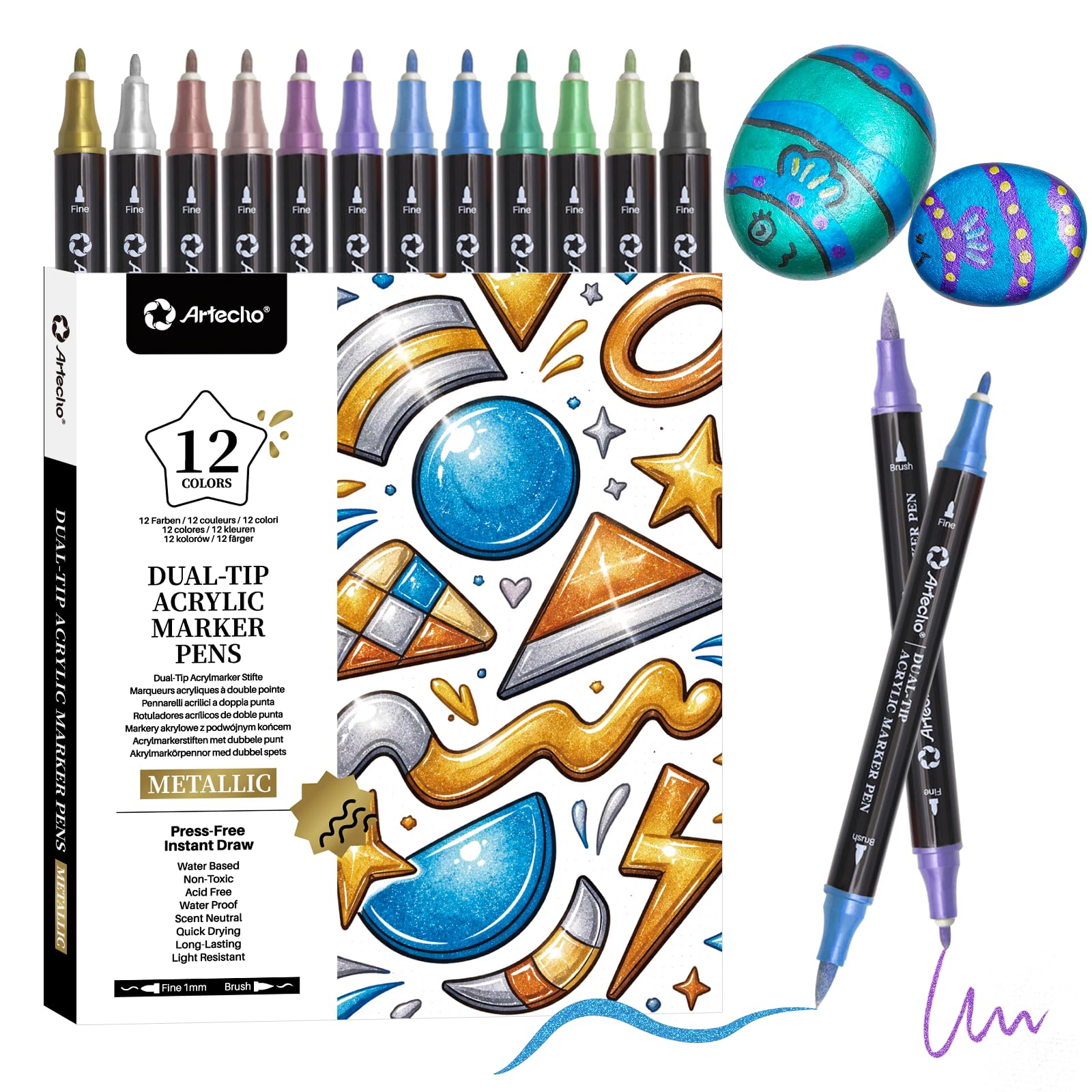 Artecho Acrylic Paint Markers 12 Metallic Colors, for Stone, Rock Painting, Paper, Pumpkin, Wood, Egg, Canvas, Ceramic, Fabric, leather, Glass, DIY Crafts