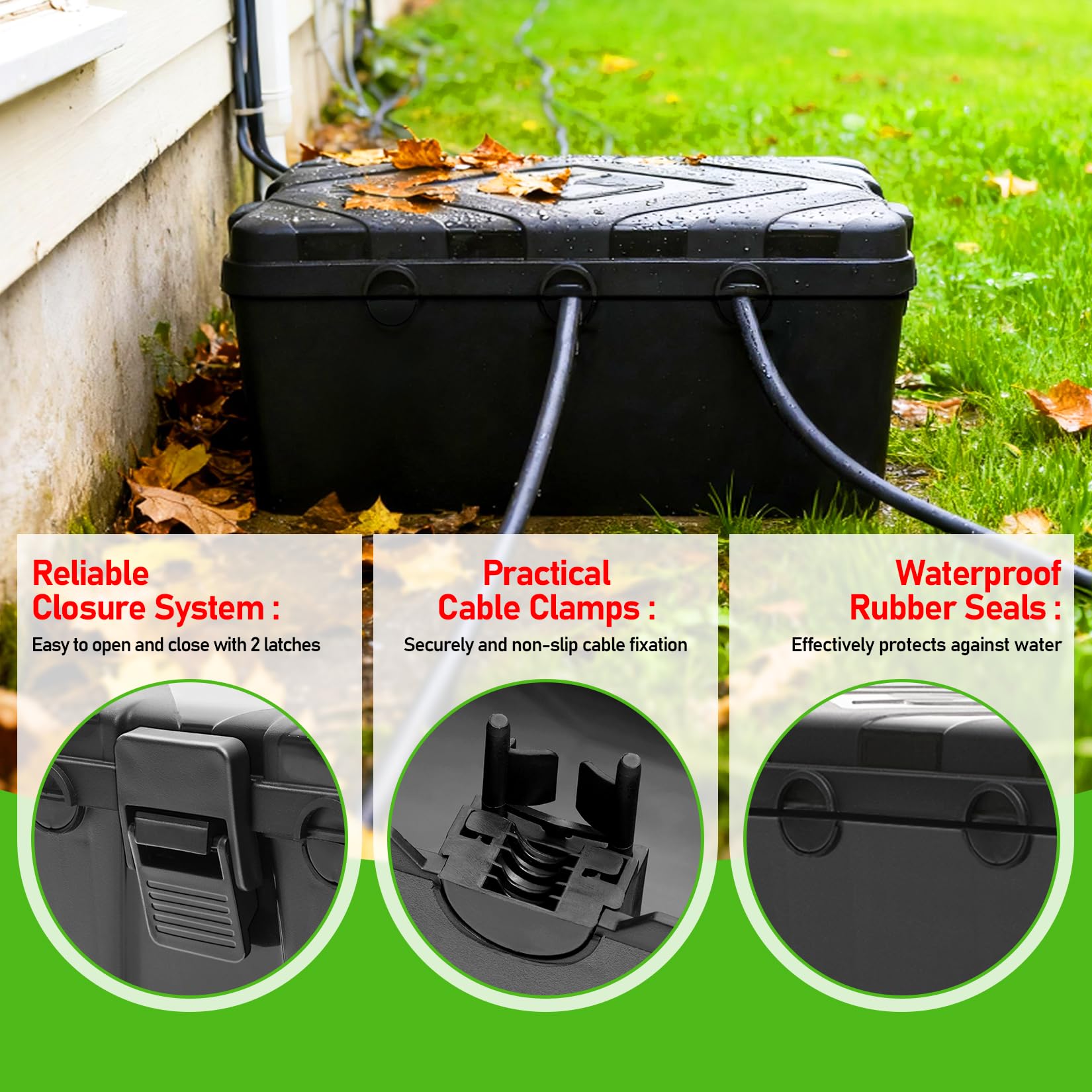 große Kabelbox Wasserdicht IP54 Outdoor Wasserdichte Verteilerdose für Wand/Boden mit 7 Kabeleingängen | Schutzbox für Steckdosenleisten, Verlängerungskabel und Stecker