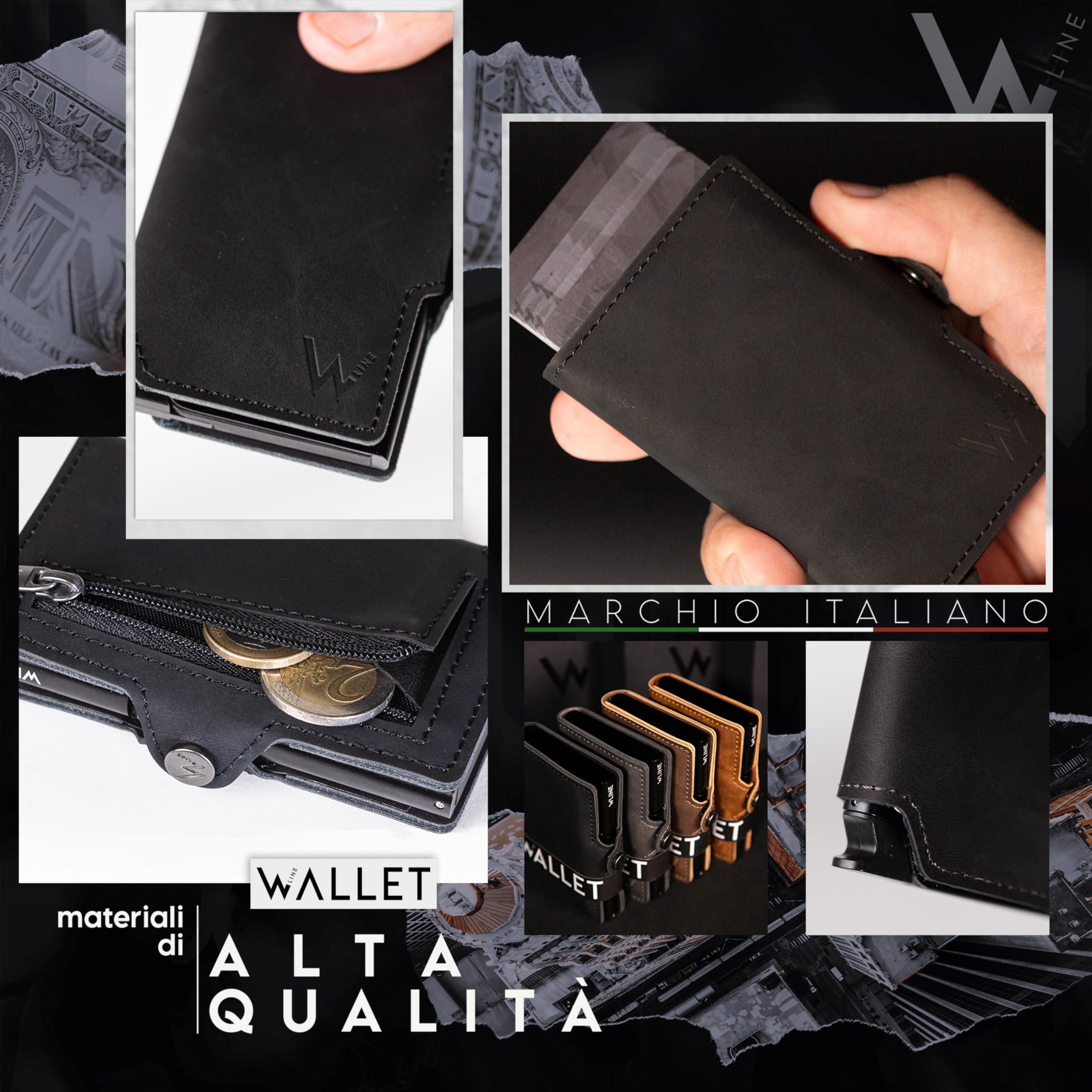 WLine Portafoglio Uomo Slim con Portamonete Rfid Compatto ed Elegante - Porta Carte di Credito Uomo e Donna Schermato in Pelle PU - Portatessere Uomo Tascabile (Nero Vintage con Zip)