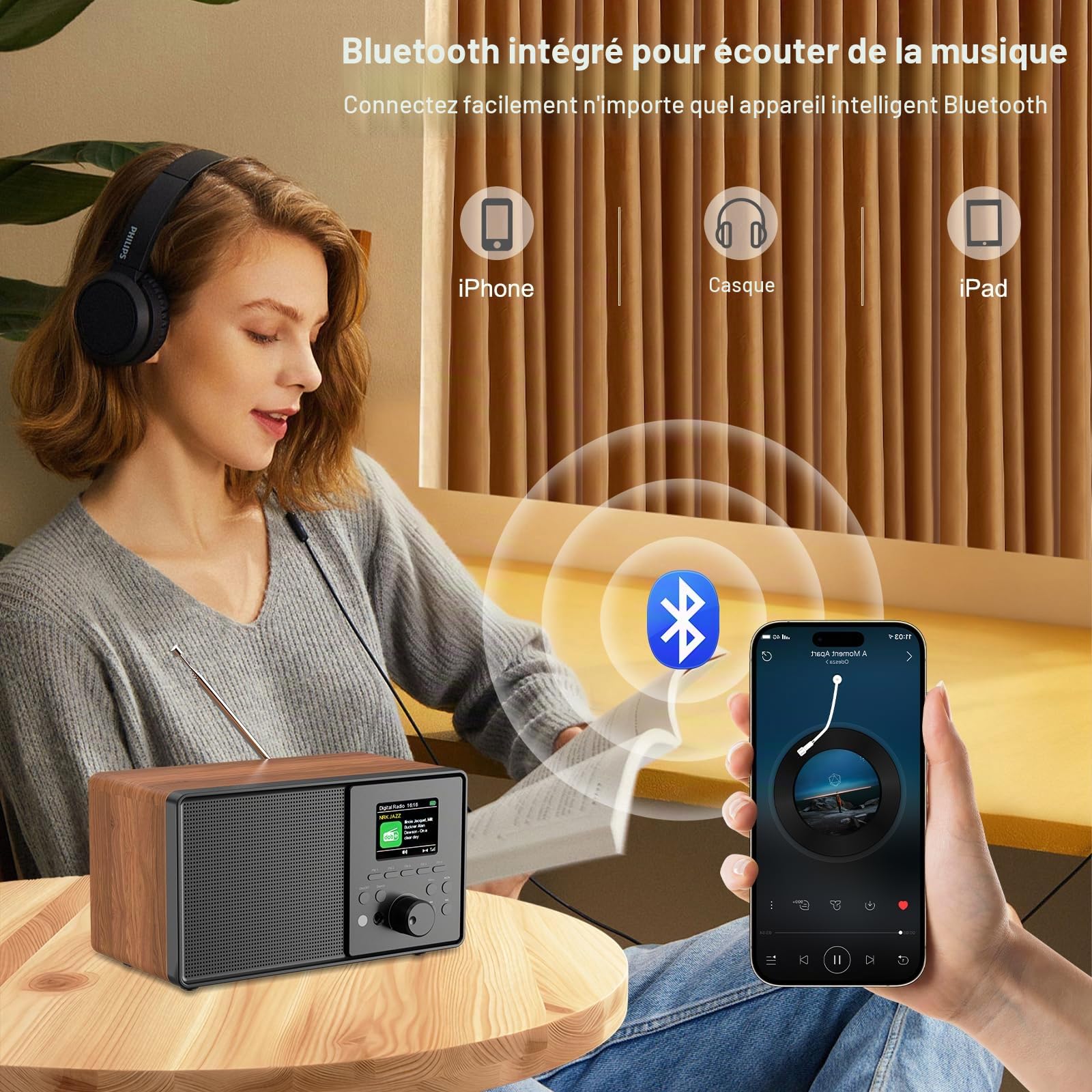 Radio rétro HABOWN Dab+/Dab avec Bluetooth 5.0 et télécommande, Design nostalgique avec écran Couleur 2,4 Pouces, Double réveil + 30 Stations préréglées, USB/AUX, minuterie de Mise en Veille, Radio d