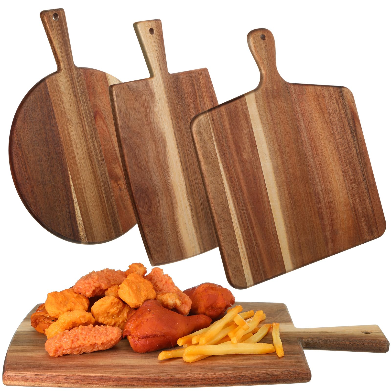 Zhehao 3 tablas de cortar de madera de acacia con asa, tablas de embutidos de madera, tabla de queso, tabla decorativa de carne, pan, bloques de cortar para verduras, frutas, cocina, comedor