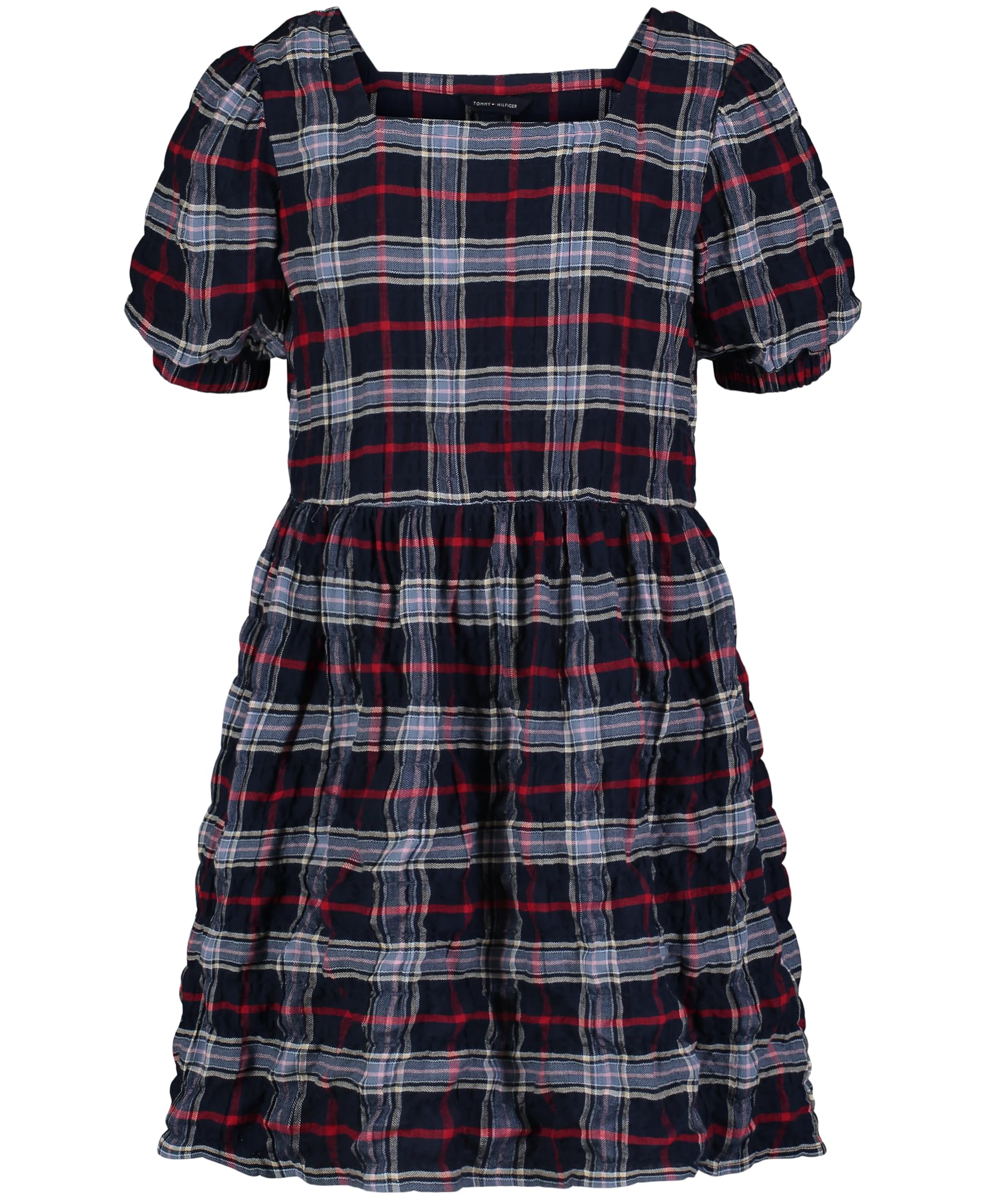 Tommy Hilfiger Girls' Seersucker Plaid Dress with Bubble Sleeve, Everyday Casual Wear, Soft & Comfortable Fit