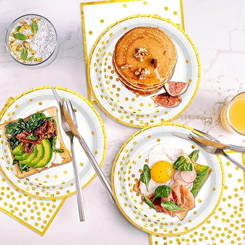 Miniatura 7 de Platos y servilletas de papel de oro blanco, 25 platos de postre de papel de puntos de 7 pulgadas y 25 servilletas de 6.5 pulgadas, suministros de