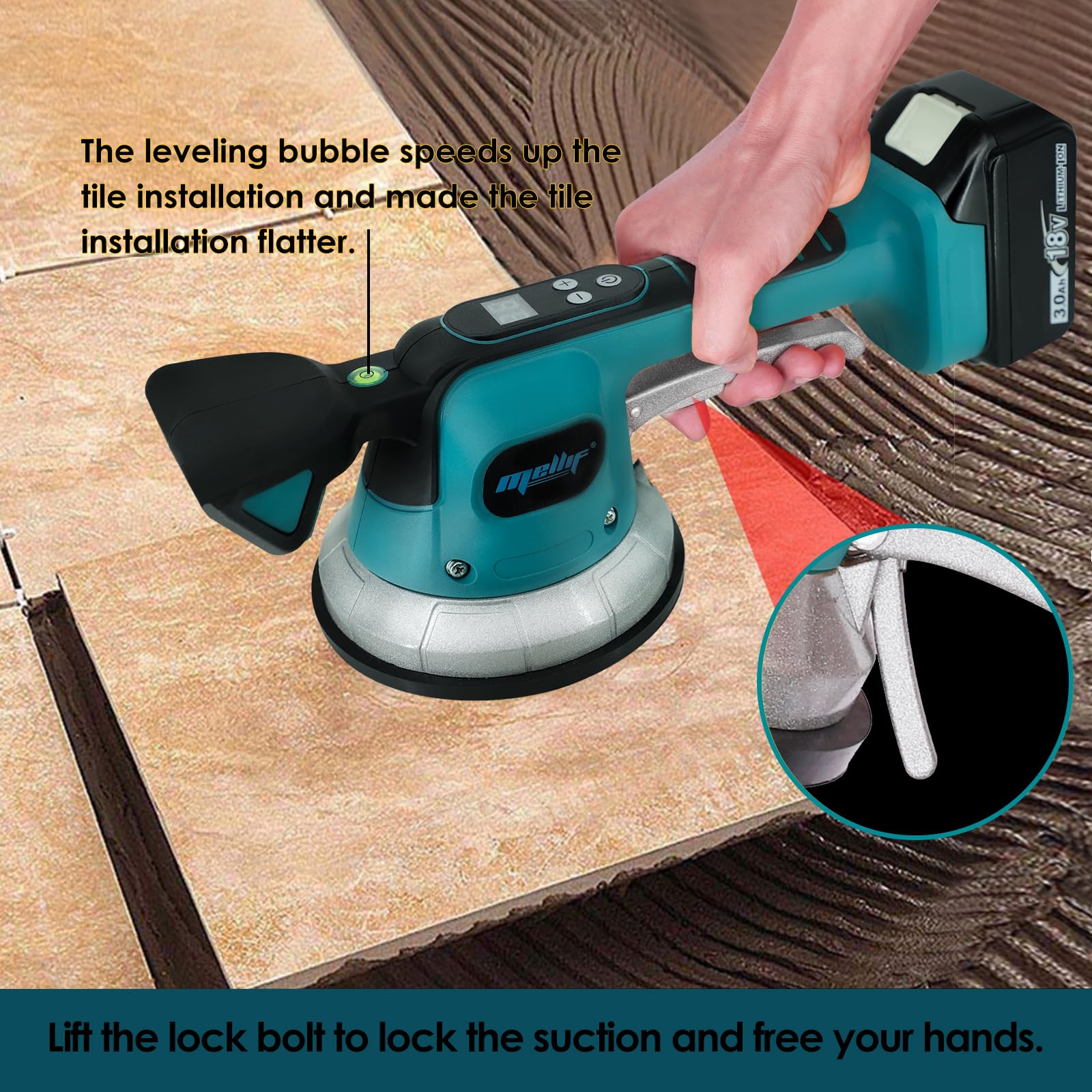 Mellif Fliesenrüttler für Makita Akku 18V, Fliesen Vibrationsgerät, Fliesenvibrator mit 10 stuftige Geschwindigkeit,14cm Saugnapf, 50kg Adsorption für 120 x 120 cm Fliesen (AKKU NICHT Enthält)