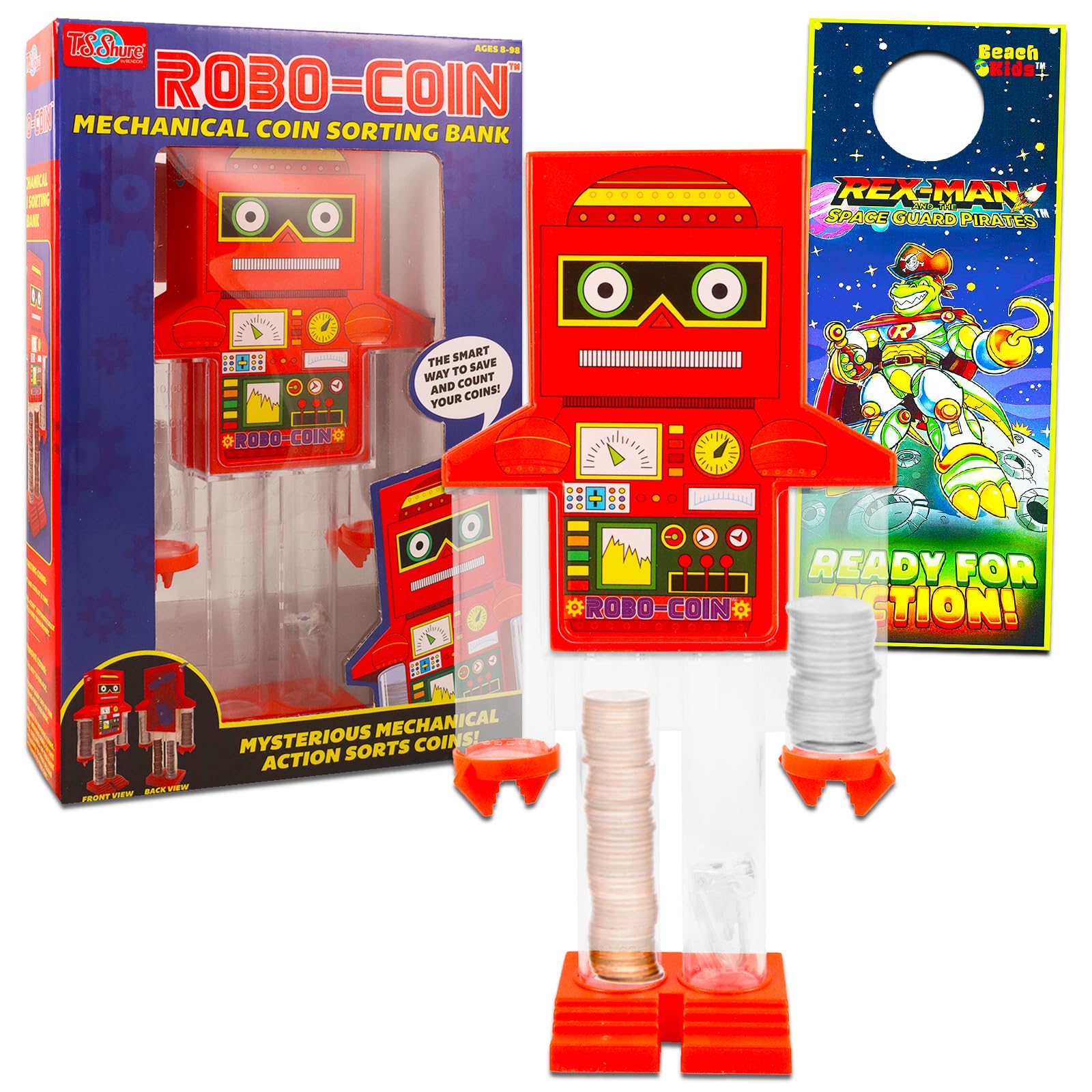 Mechanical Robot Piggy Bank Coin Sorter for Kids - Bundle with Automatic Sorting Robot Savings Bank for Boys and Girls Plus Door Hanger | Fun Robot Coin Bank