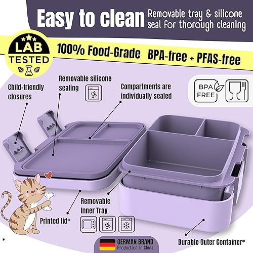 Miniatura 3 de BEARFOOT Lonchera infantil con compartimentos, compacta y ligera, a prueba de fugas, sin BPA, apta para lavavajillas y microondas, diseño dibujado a