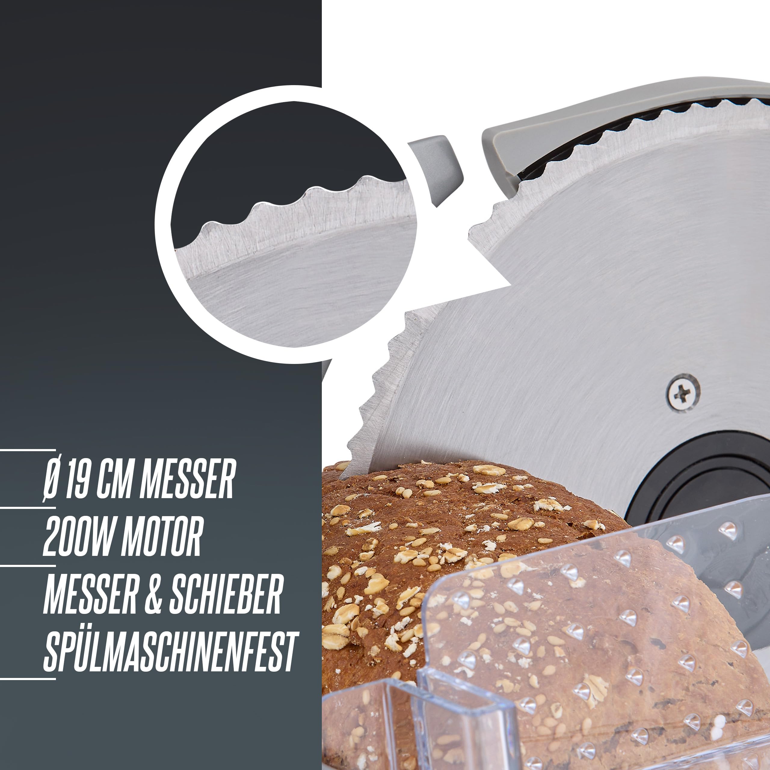 Heinrich´s Metall-Allesschneider 200W Edelstahl-Rundmesser Ø19cm stufenlose Schnittstärkeneinstellung