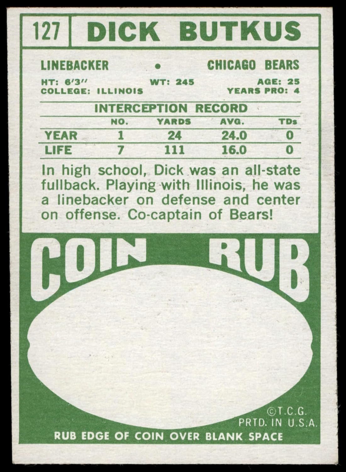 1968 Topps #127 Dick Butkus Chicago Bears (Football Card) EX Bears Illinois