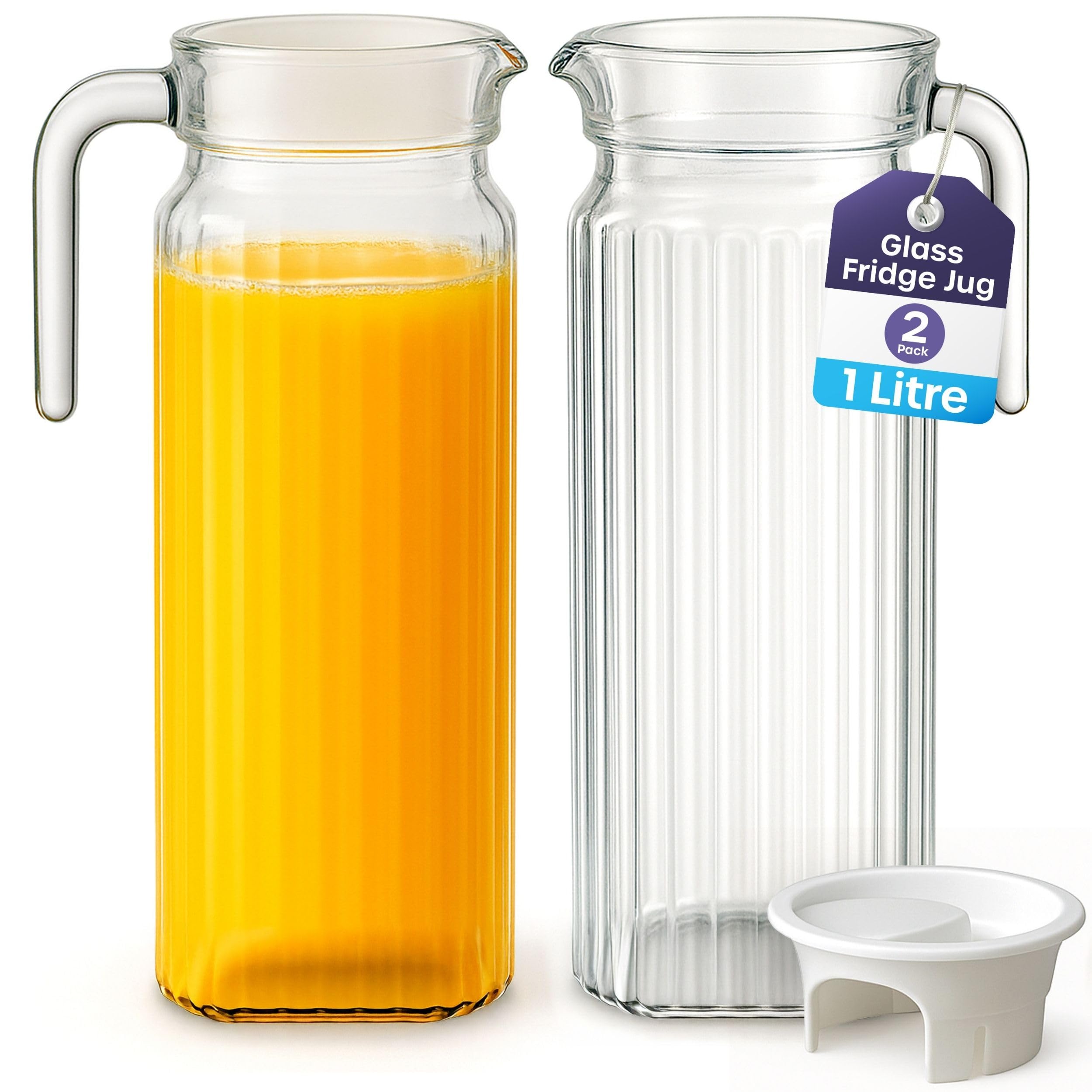 Fridge Jug 1L Glass Water Jug with Lid (2 Pack) - Clear Water Pitcher with Ribbed Glass Design & Handle for Fridge Shelf & Everyday Use with Vented Spout - Juices, Pimms & Picnics
