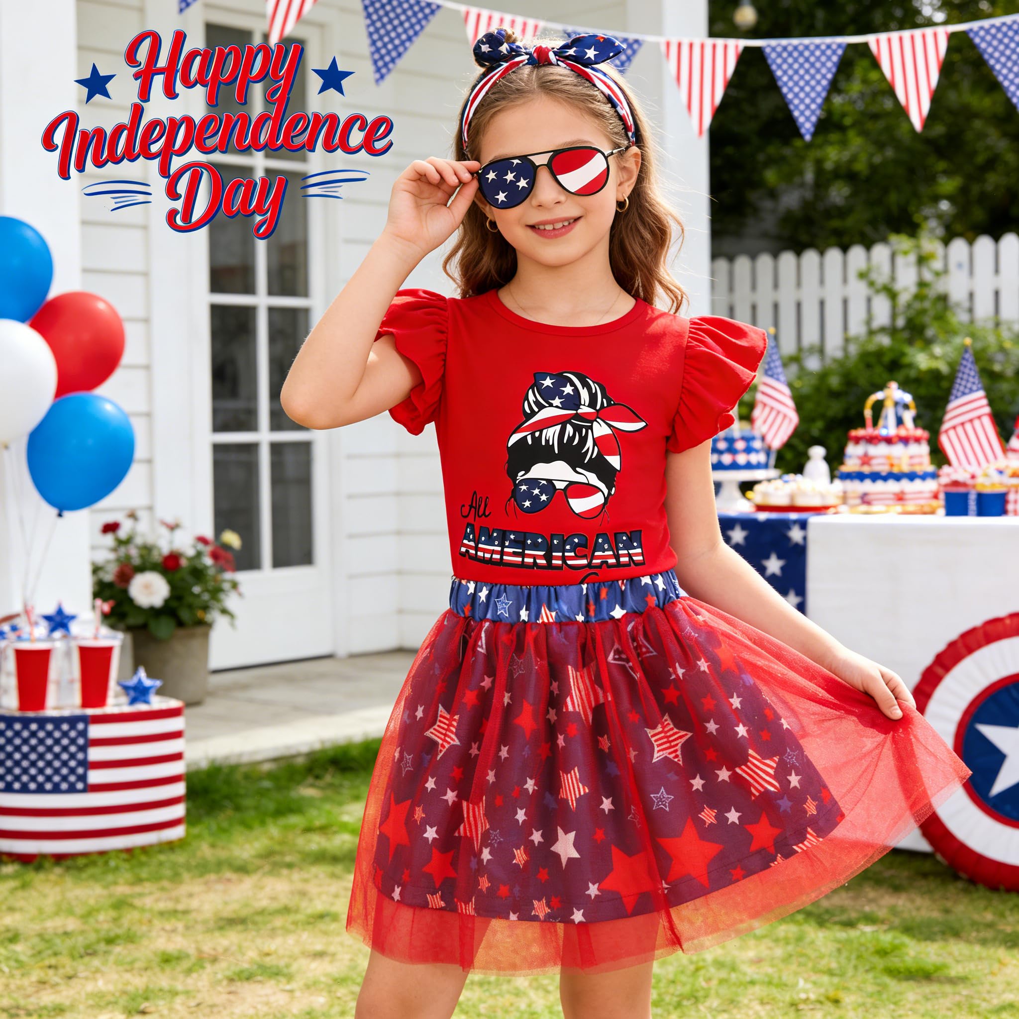 RETSUGO Conjunto de falda tutú de tul para niñas pequeñas del 4 de julio, vestido con estampado de corazón y bandera estadounidense, 2-8 años