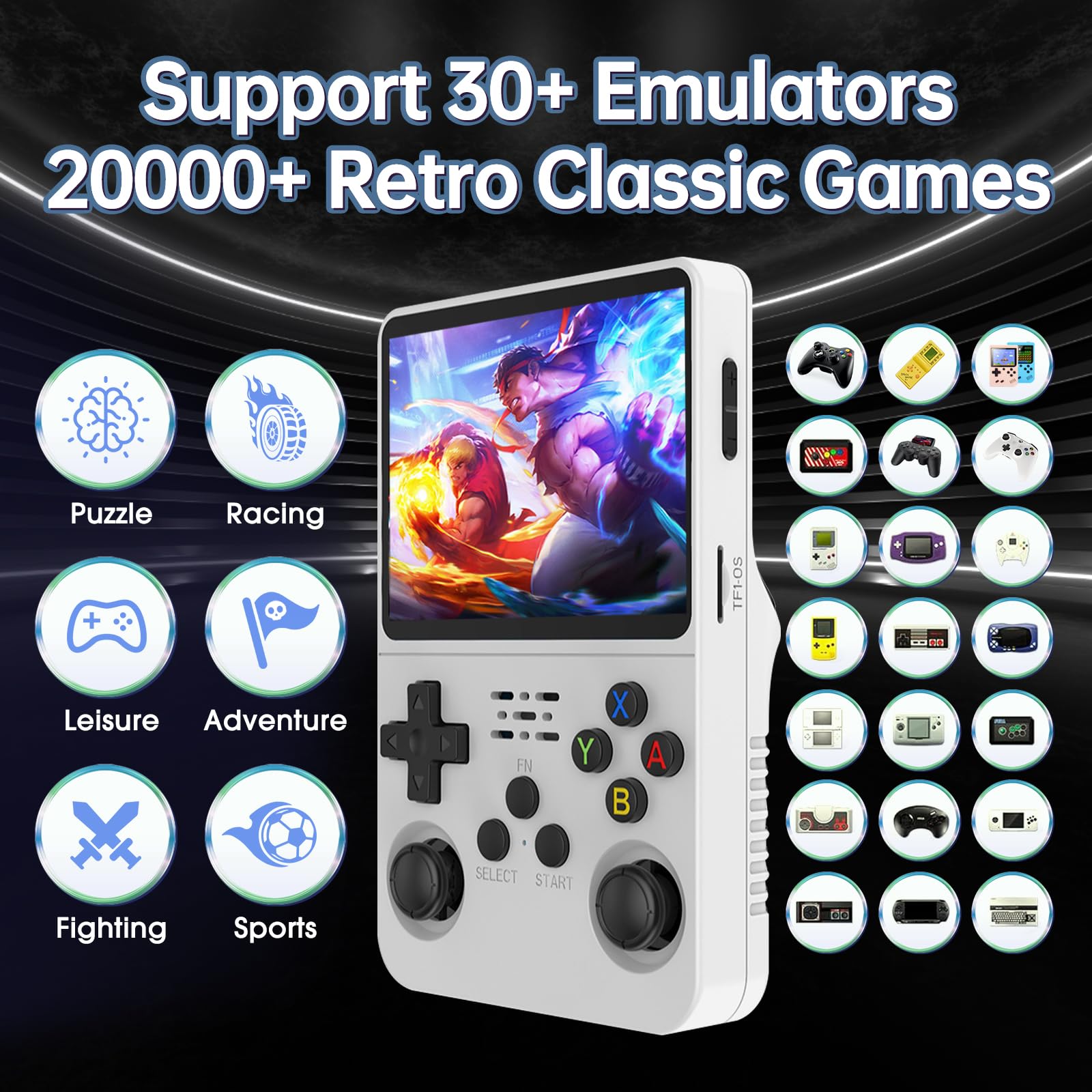 Febotak R36S - Console da gioco retrò portatile con schermo IPS da 3,5", 128 GB di memoria, oltre 40.000 giochi, basato su LINXU Open Source ARKOS, batteria da 3500 mAh (Bianco)