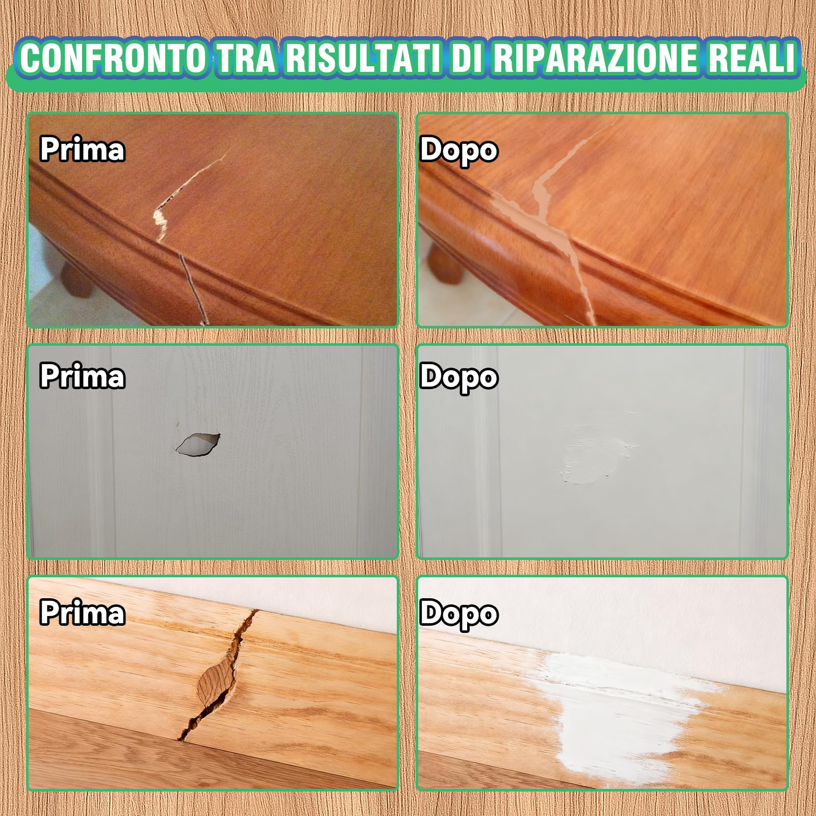 Stucco per Legno Riempitivo, Kit Universale Stucco Legno Bianco per Mobili e Pavimenti, Formula Rapida, Carteggiabile e Verniciabile per Riparare Crepe, Buchi e Difetti su Legno (250g)