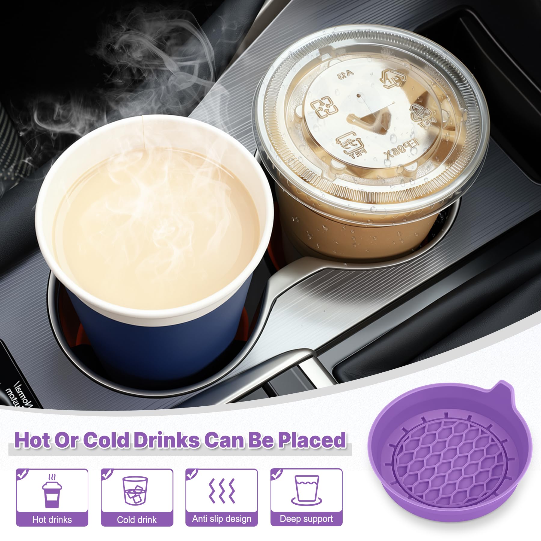 SINGARO Car Cup Holder Coaster, Silicone Cup Holder Insert, Universal Non-Slip Cup Holders, Car Accessories Interior for Women and Man 4 Pack Light Purple view 3