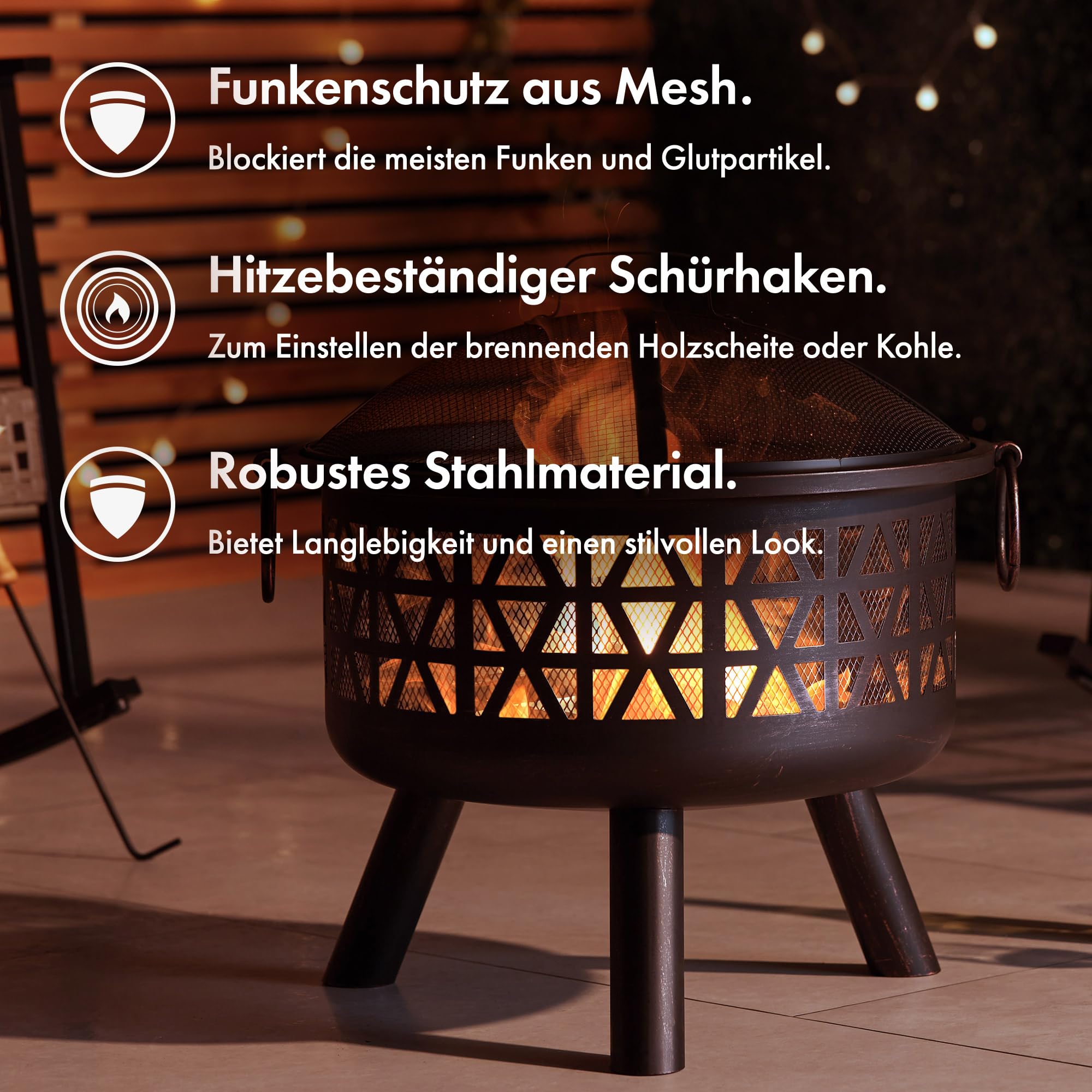 Vonhaus Feuerkorb aus Stahl tragbar Feuerstelle für Garten Terrasse Outdoor mit Funkenschutz Schürhaken