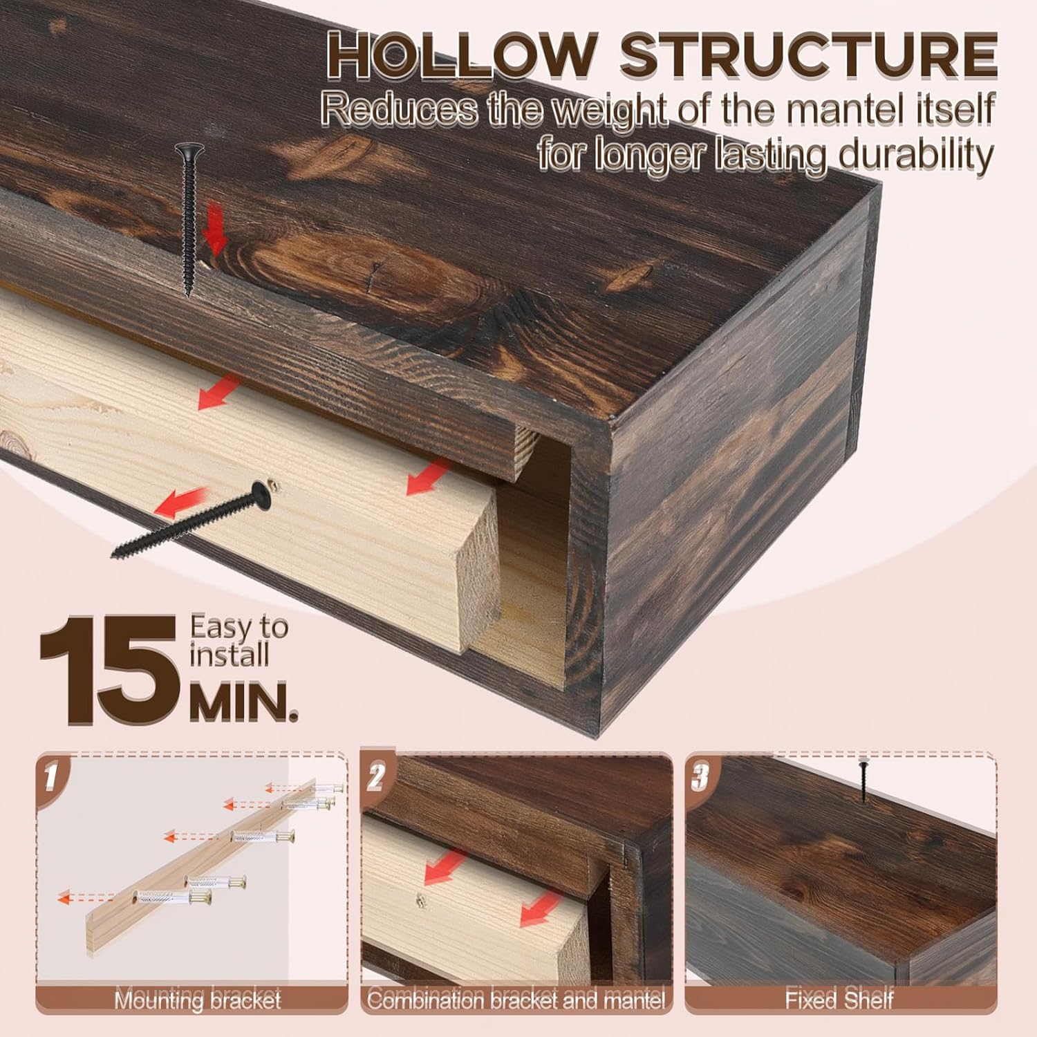 Fireplace Mantel Shelf, 72x8x5 Wooden Floating Shelf Over the Fireplace, Wall-Mounted Mantel Shelves, Rustic Floating Mantels Shelves, Dark Walnut